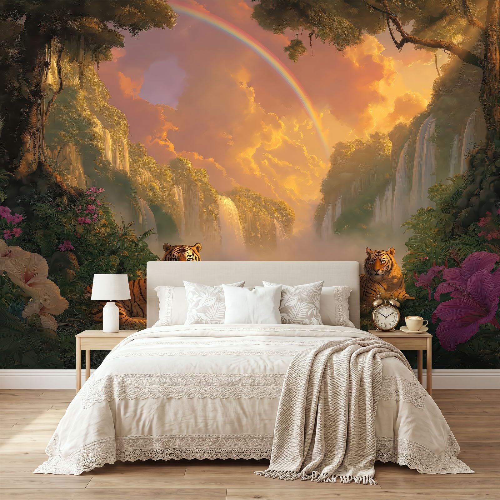 Tapeta 3D efekt panoramiczny obraz ścienny 200 x 140 cm fantastyczne zwierzęta tygrysy dżungla tapeta gobelin panoramiczny plakat salon dekoracja ścienna do pokoju dziecięcego, żółty i niebieski