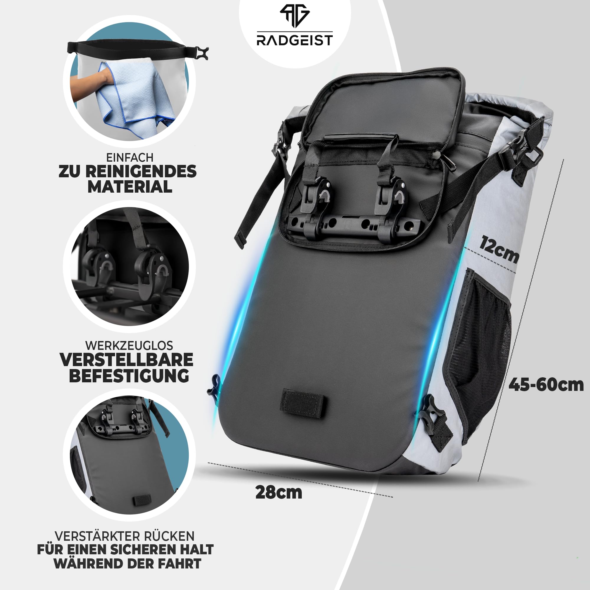 RADGEIST Sacoche de vélo pour porte-bagages | Sacoche pour porte-bagages & Sac à dos | Sac pour vélo 100% étanche (Réfléchissant)