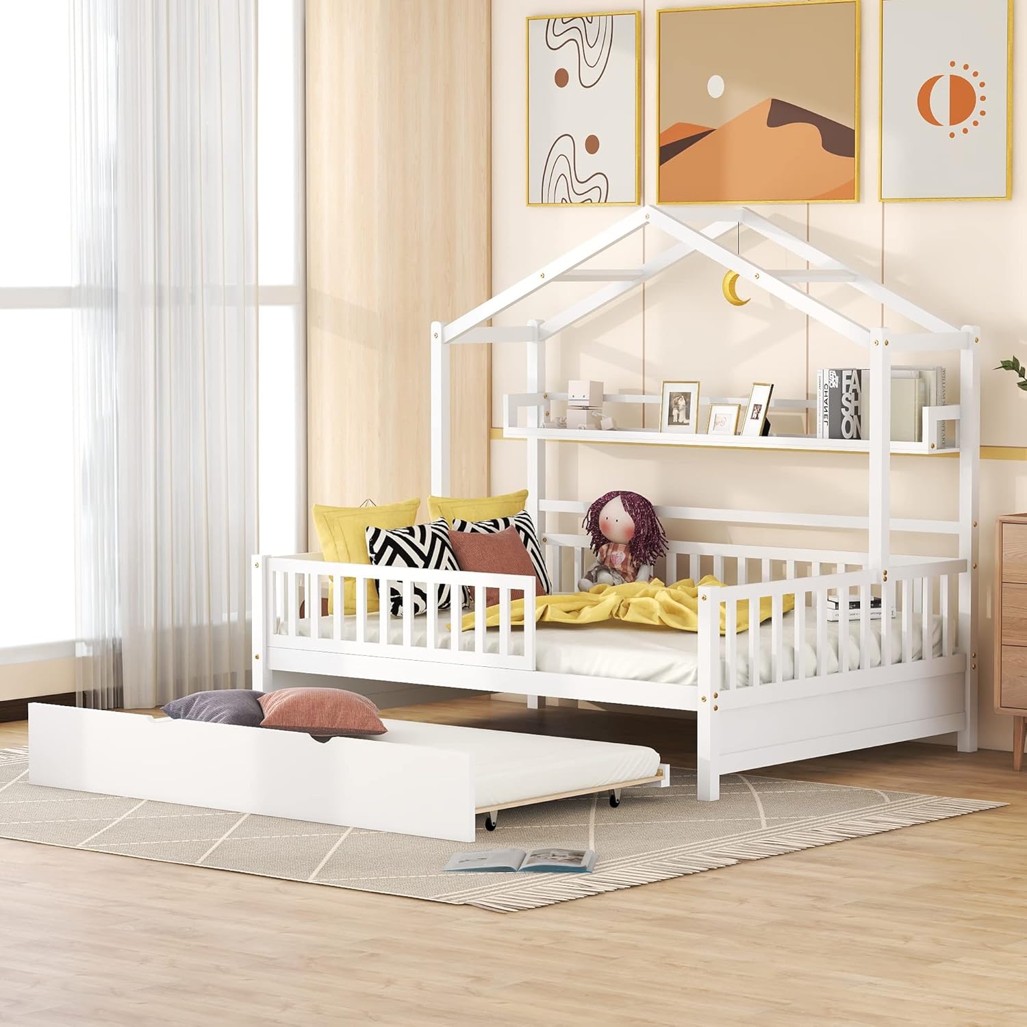 Bellemave Full Size Wooden House Bed with Original Wood Colored Wood Frame, Twin Trundle & Bookshelf Storage for Children, Teens or Guest Room,White + Natural