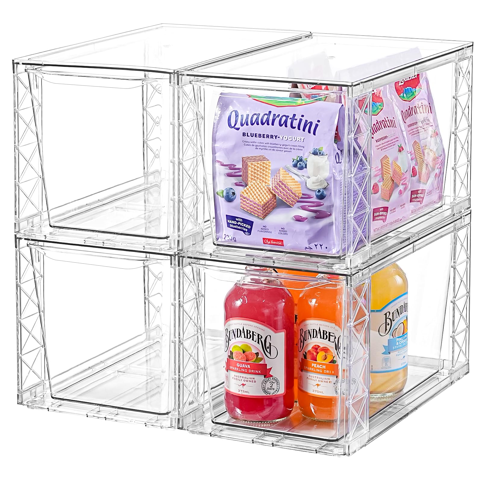 Confezione da 4 contenitori impilabili da cucina, organizer per dispensa e stoccaggio, contenitori trasparenti per alimenti con manici, facili da montare per bagno, cucina, dispensa, armadio, armadio