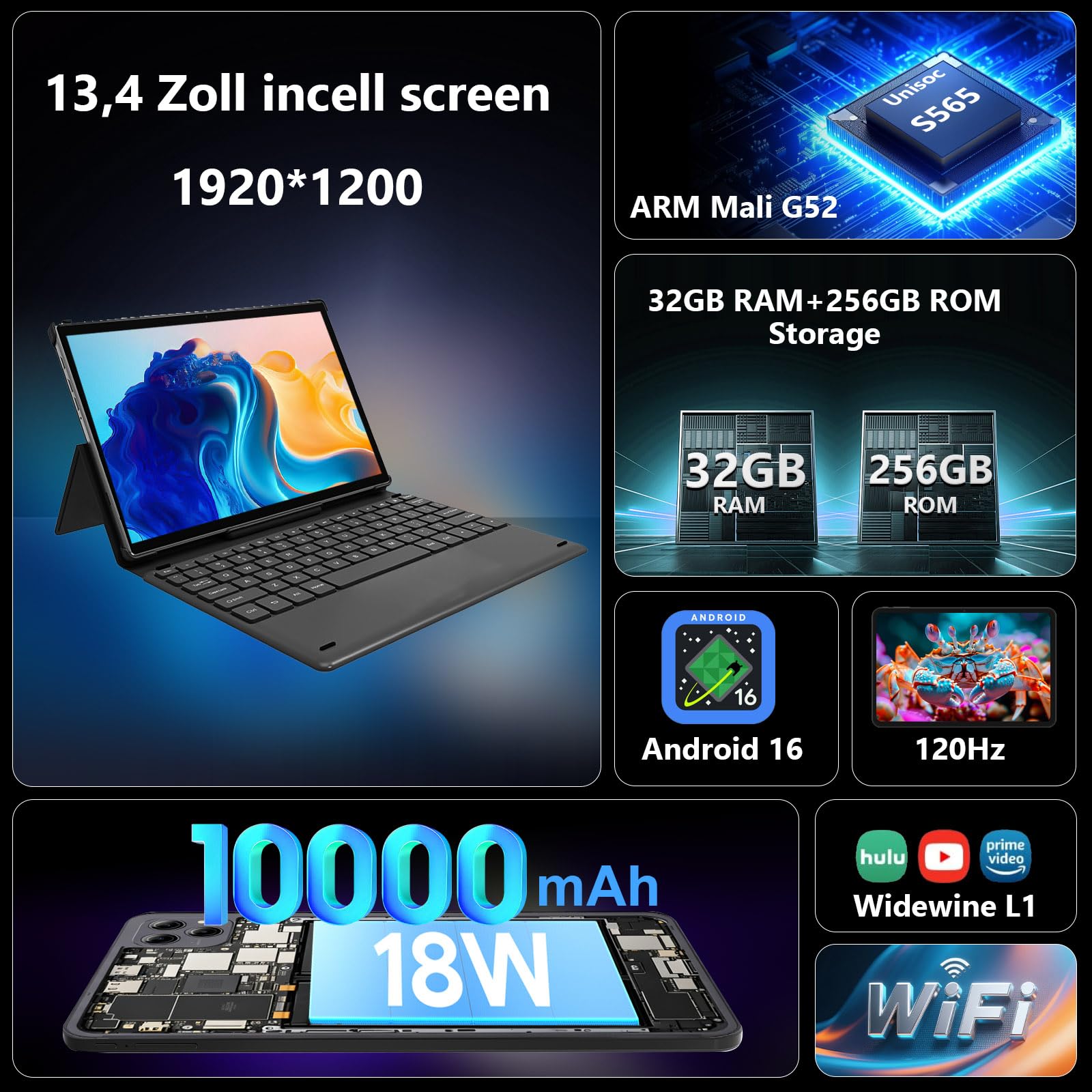 Tablette 13,4" Android 16 avec emplacement pour carte SIM 4G/5G LTE Calling, écran 120 Hz, 32 Go + 256 Go, 10 000 mAh, S565 2,9 GHz, double caméra, lot avec étui de protection, clavier, souris et