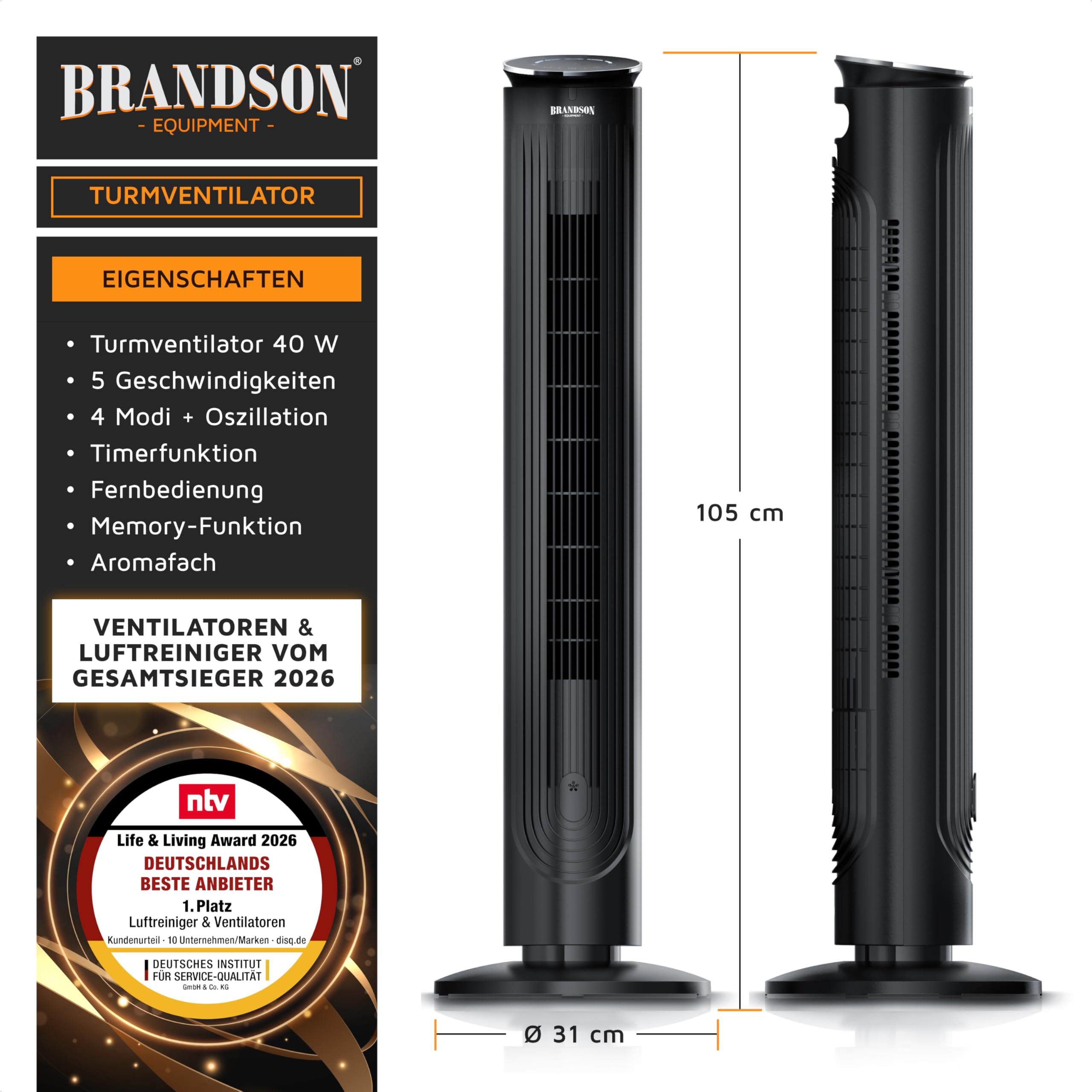 Brandson - Turmventilator mit Fernbedienung - Aromafach – sehr leise – Oszillation - Timer – 4 Modi – 5 Geschwindigkeitsstufen – LED Anzeige