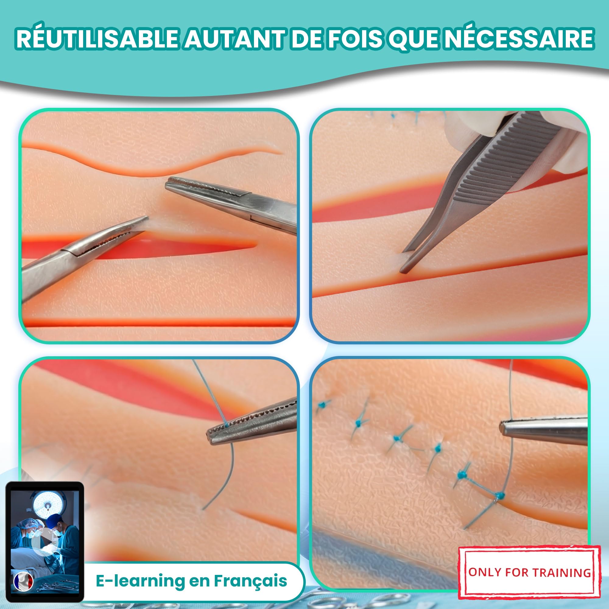 Kit suture avec Coussin Réaliste à Veines - Kit de Suture pour pratiquer, kit de suture etudiant medecine avec e-learning, kit suture medecine pour Étudiants, cadeau étudiant médecine