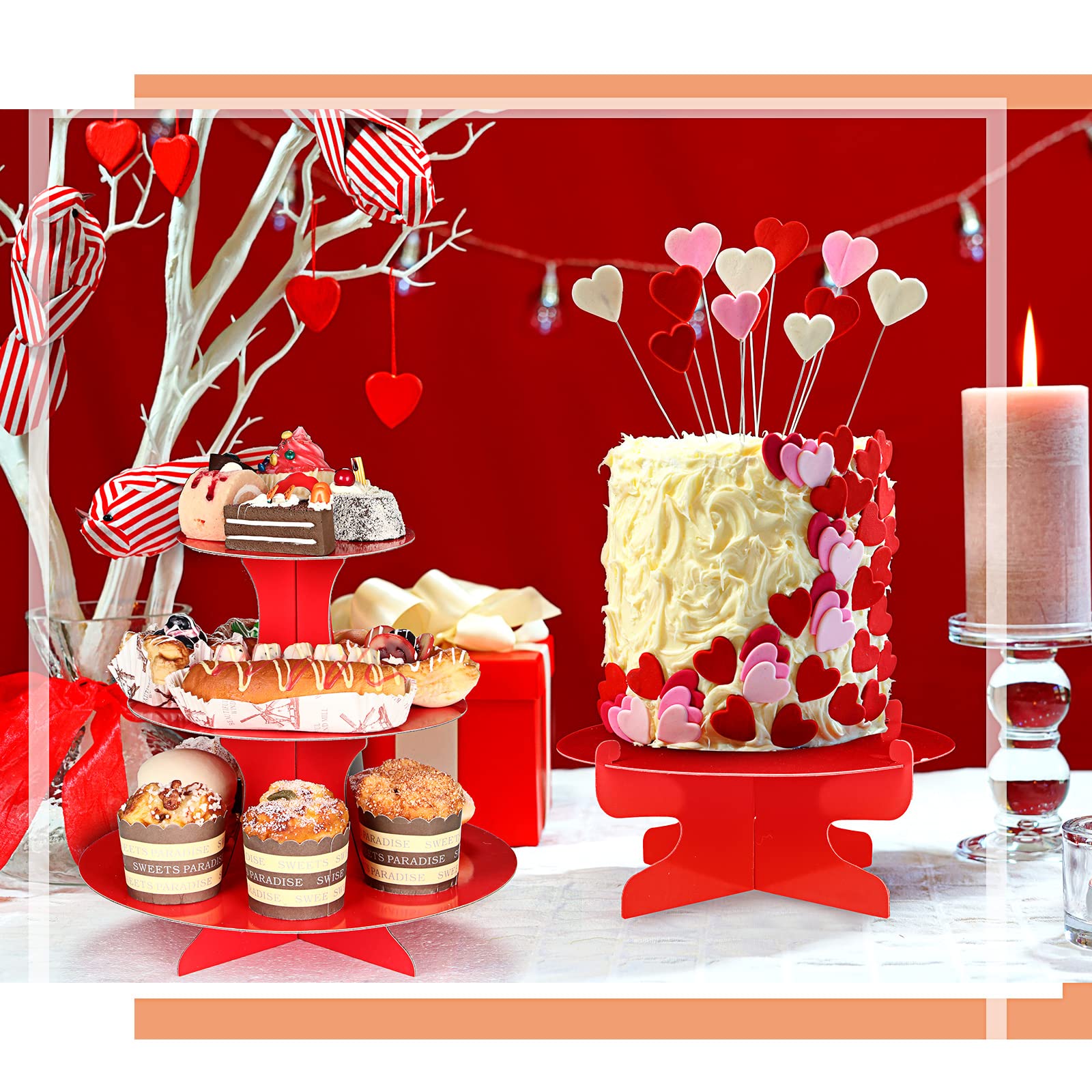 Lot de 7 présentoirs à gâteaux ronds en carton à 3 étages - Présentoir à gâteaux rectangulaire - Plateau de service réutilisable pour desserts, fête d'anniversaire (rouge)