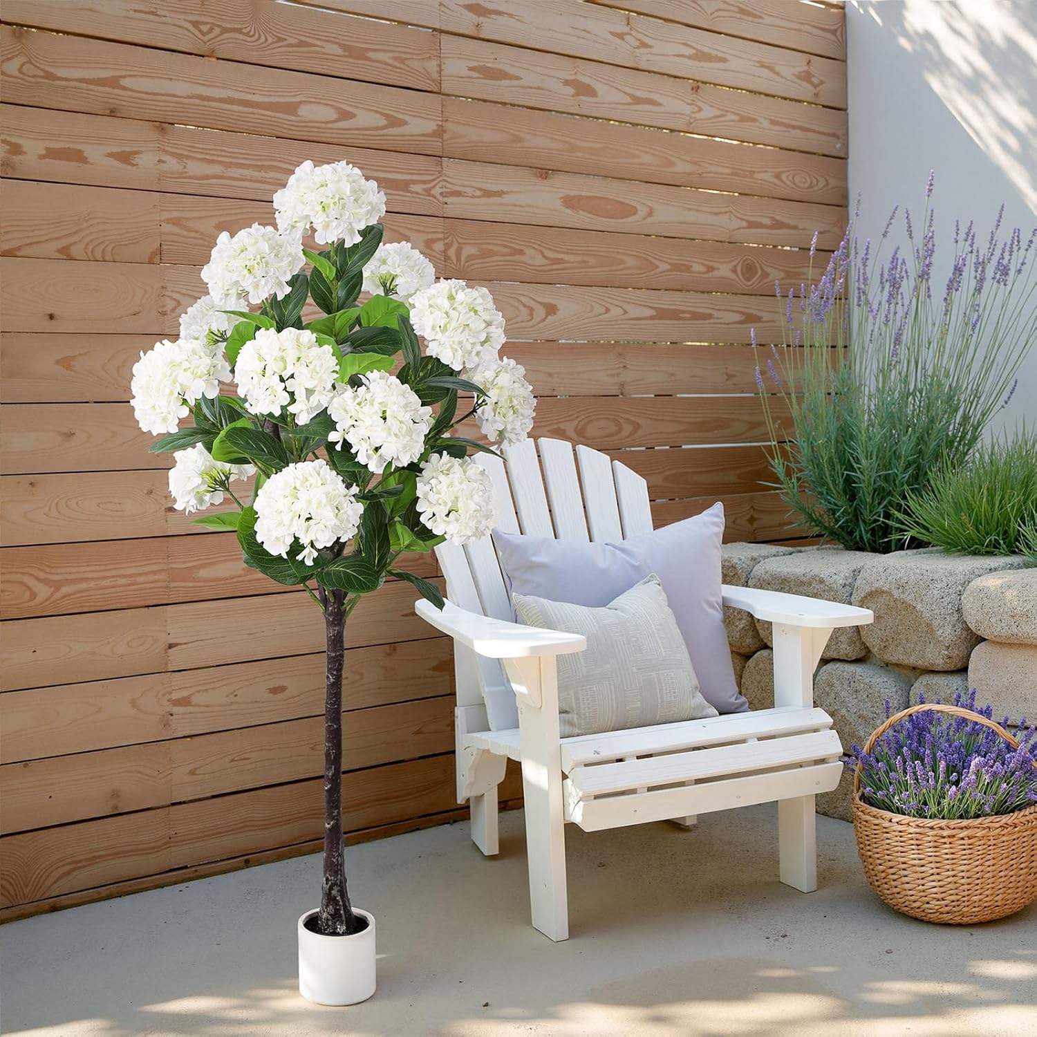 5 FT Artificial Hydrangea Tree- Large Faux Hydrangea Plants Indoor Outdoor,Fake Flower Trees with White Tall Planter for Home Garden,Front Decor - Image 6