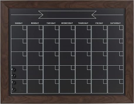 DesignOvation Beatrice Framed Magnetic Chalkboard Monthly Calendar, 23x29, Walnut Brown