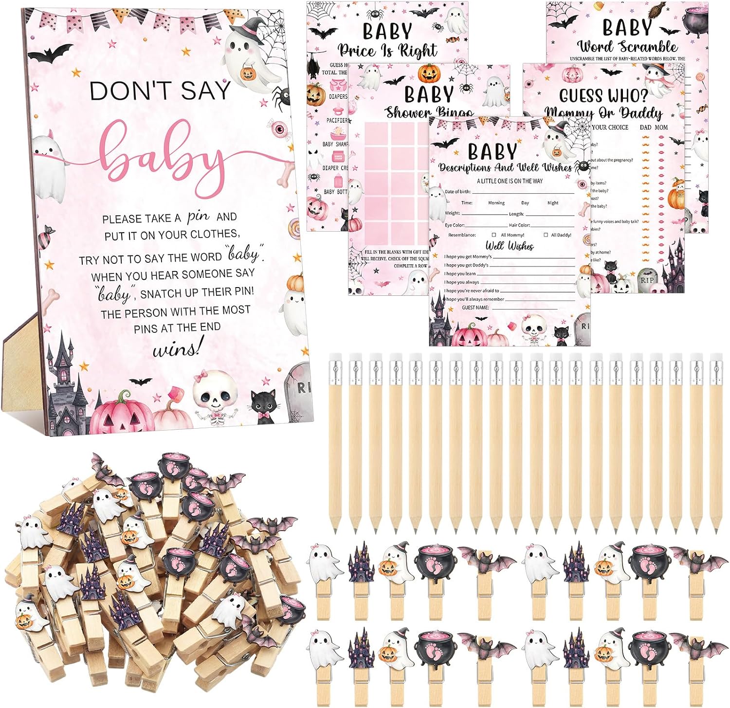 Patelai 321 Pcs Pink Halloween Baby Shower Games Decorations a Little Boo Is Almost Due Baby Shower Games 5 Set Don't Say Serve 50 for Pink & Black Halloween Gender Reveal Birthday Party Supplies
