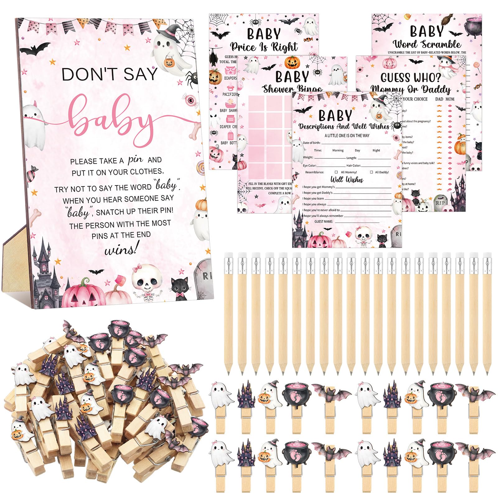 Patelai 321 Pcs Baby Shower Games Supplies, Pink Halloween