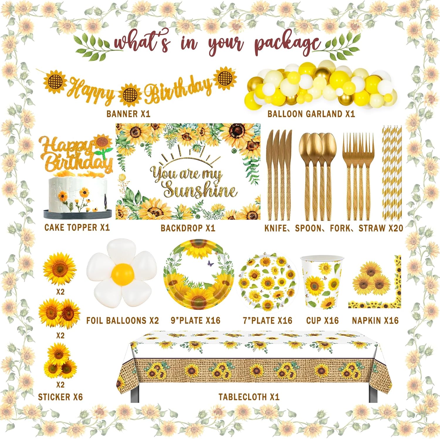 Sunflower Party Decorations, 209 PCs Sunflower Birthday Supplies You Are My Sunshine Backdrop Balloon Cutout Banner Tablecloth Cake Topper Plate Napkin Cup Straw Knife Spoon Fork Yellow
