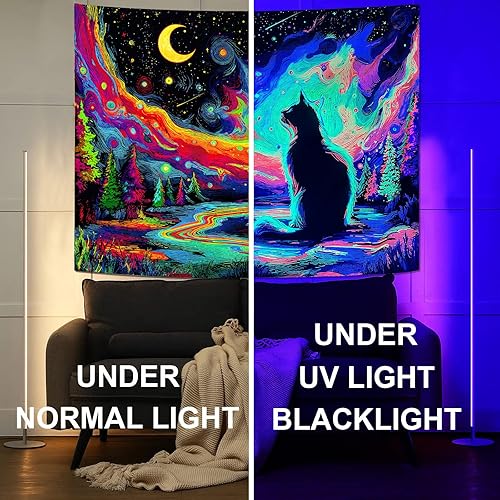 Miniatura 9 de Kanuyee Tapiz de luz negra de neón para colgar en la pared, bosque encantado, cascada, tapices para dormitorio, tapices UV, para colgar en la pared