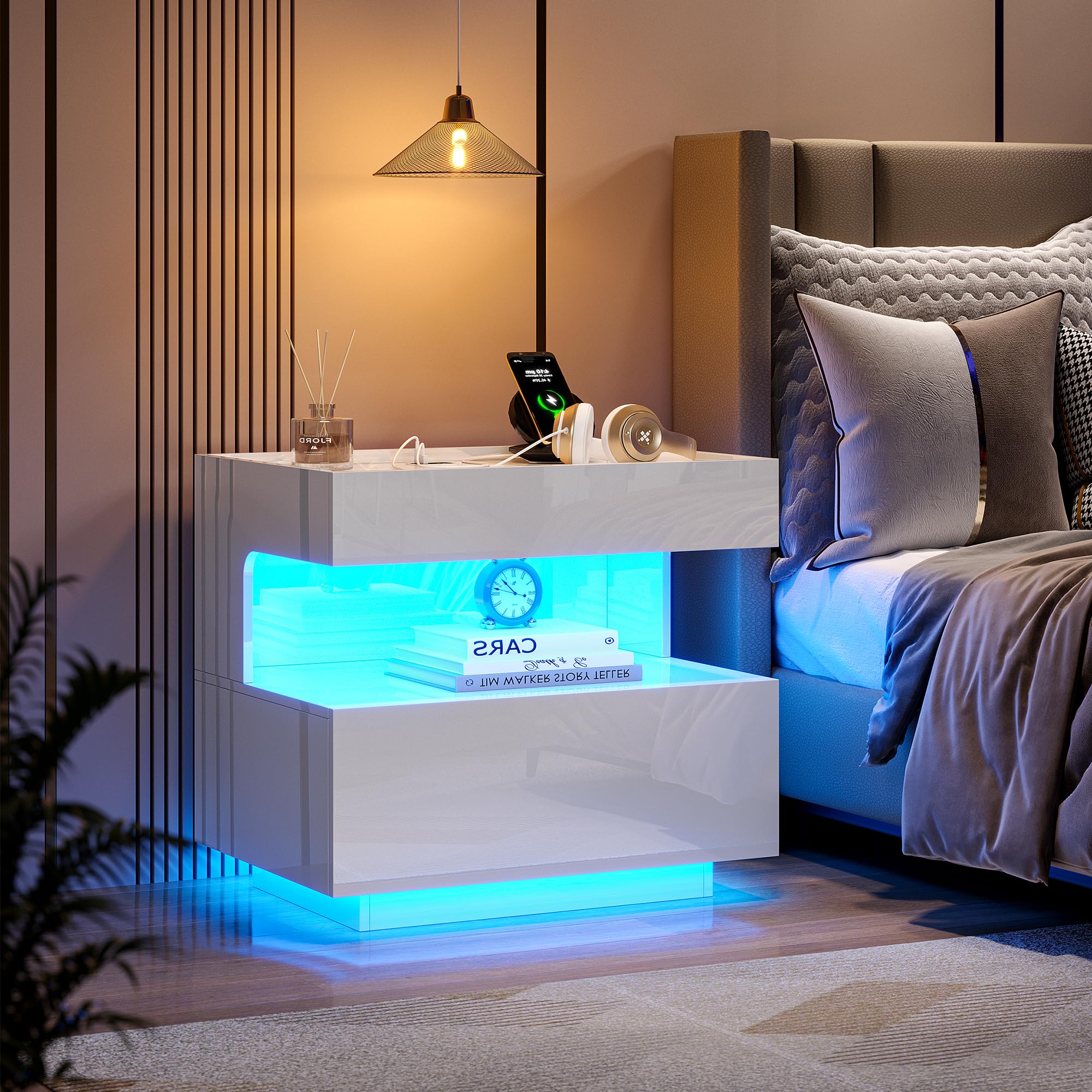 Vlsrka LED Nachttisch mit Ladestation, Nachttische mit USB-Anschlüssen | Moderner Nachttisch mit Bewegungssensor und LED-Beleuchtung, Beistelltisch mit 2 Schubladen für das Schlafzimmer, Weiß