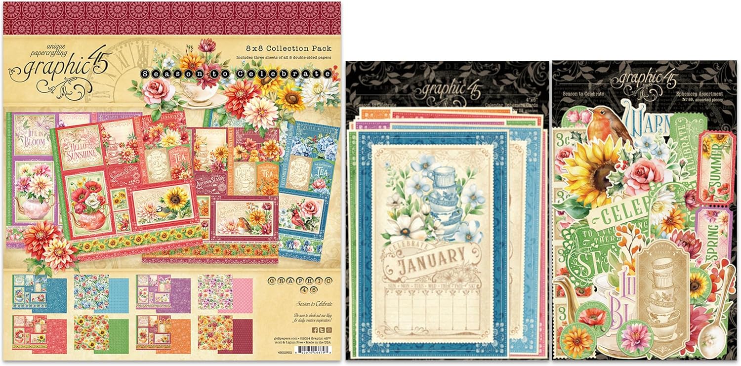 Graphic 45 Season to Celebrate Decorative Papers - 8x8 Paper Pack, Ephemera Die-Cuts and Ephemera Cards