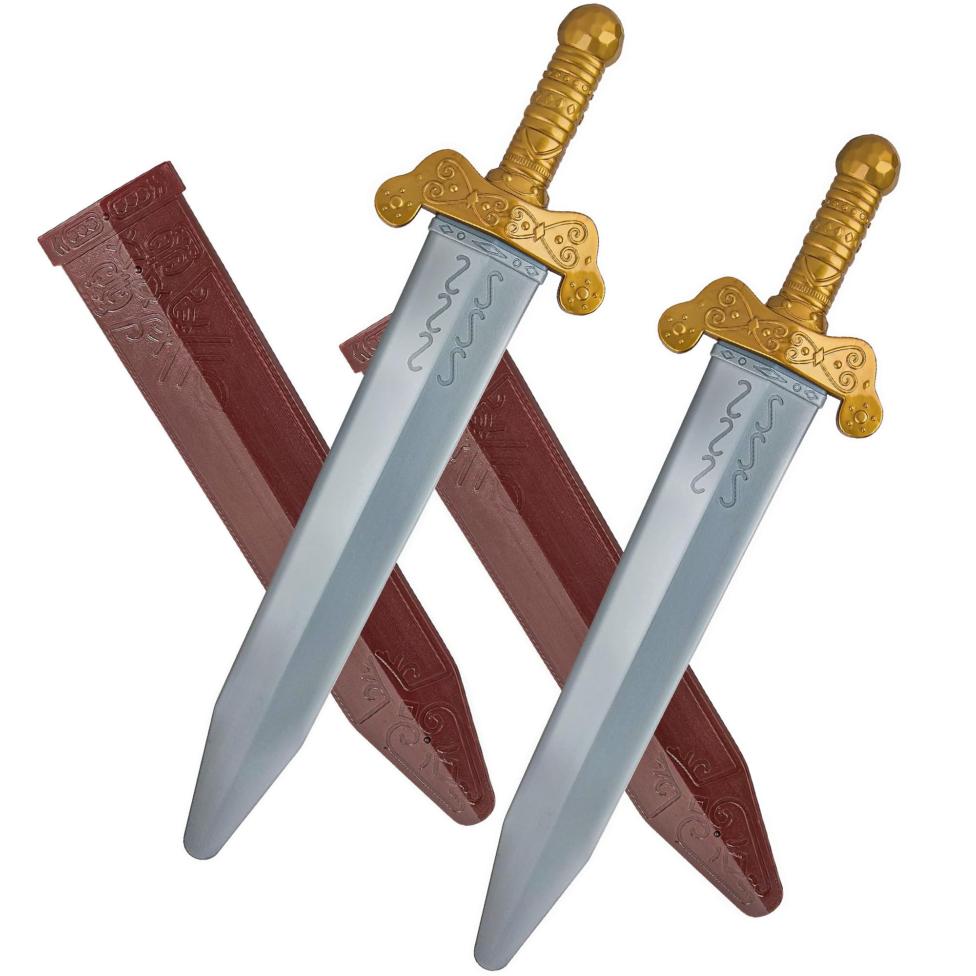 2PCS Plastic Roman Toy Sword with Sheath, Medieval Knight Sword Hollow Golden Warrior Sword for Men for Halloween