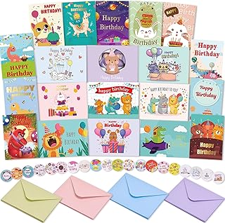Birthday Cards Bulk,Birthday Cards for Kids, Happy Birthday Cards & Birthday Stickers,Outside Gold Foil Inside Blank Cards and Envelopes,Variety Set of 20 Assorted Birthday Cards With Thick Card Stock Box Set.