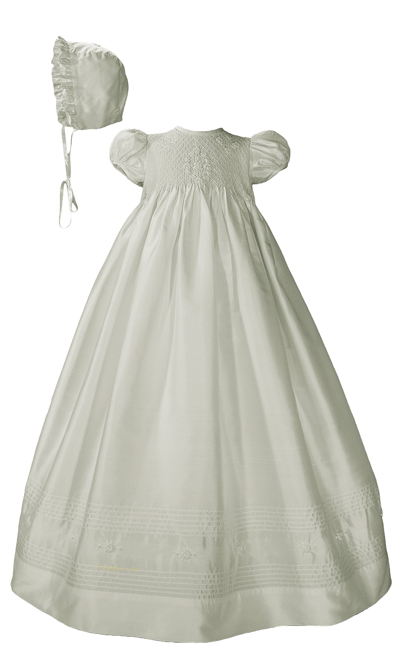 Little Things Mean A Lot Girls White Silk Dress Christening Gown Baptism Gown with Smocked Bodice 3M