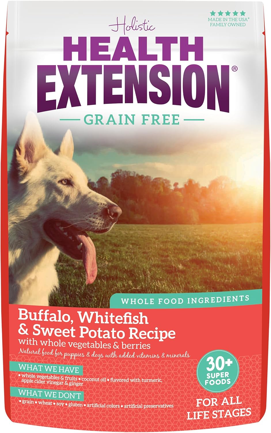Health Extension Grain Free Buffalo & Whitefish Dry Dog Food – 30+ Superfoods and Probiotics for All Life Stages (4lb)