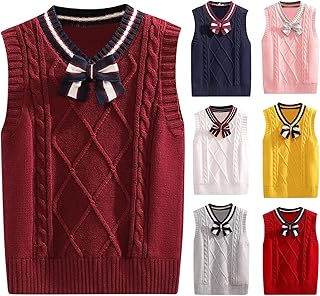 Chaleco de punto para niñas, corbatín, uniforme escolar, suéter de manga cinitada, suéter de cuello en V, chaleco de punto de forro polar, rosa, 13-14 años