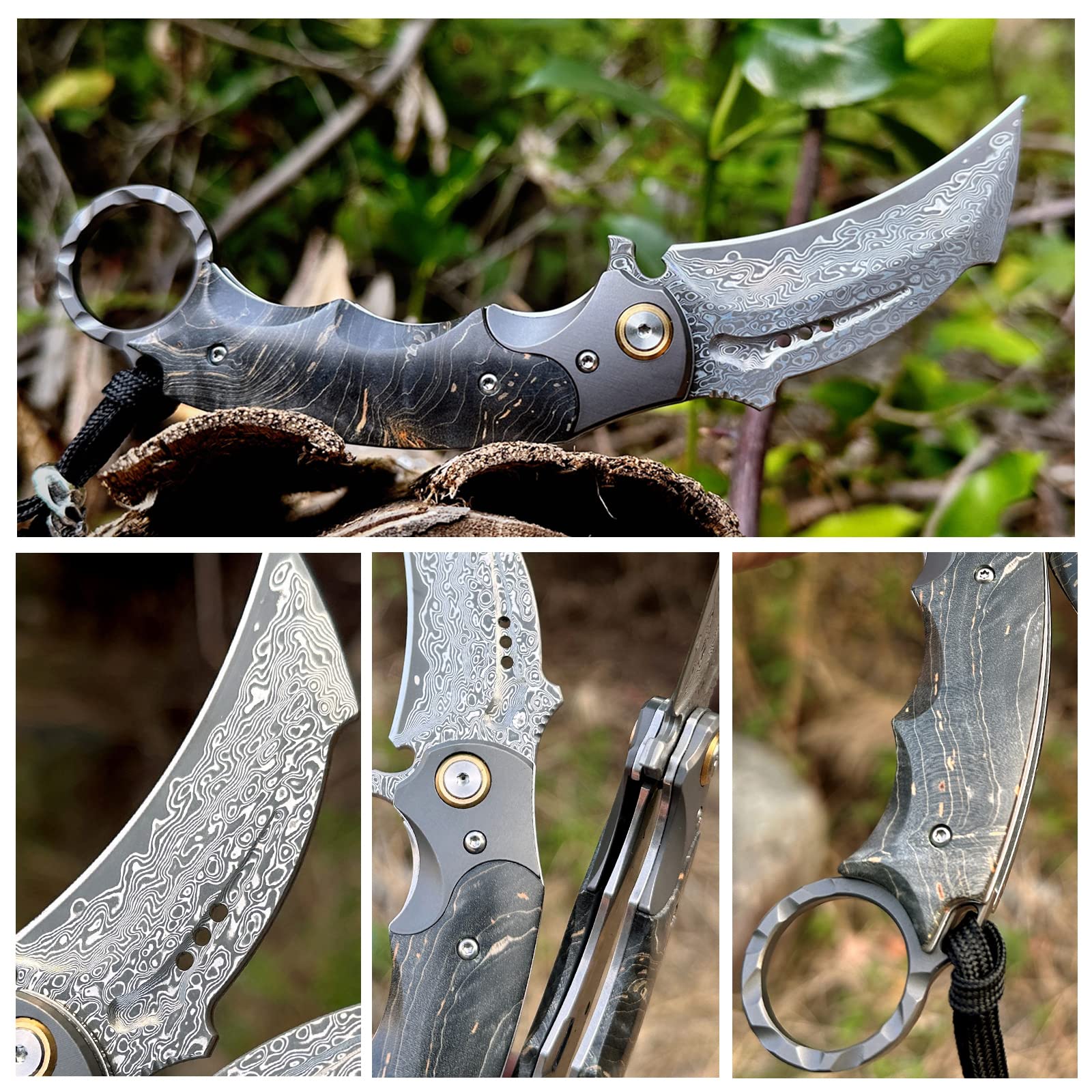 Handgefertigtes Damaszener-Stahl-Klappmesser, mit Rindslederscheide und Taschenclip, 2.8in Klinge, Klappmesser Taschenmesser, Holzgriff, Männer und Frauen Outdoor-Camping-Dienstprogramm Messer