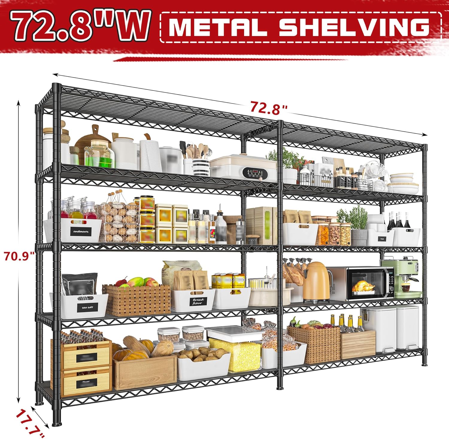 REIBII 72.8" W Storage Shelves Load 1600LBS, 5 Tier Metal Shelving Unit Garage Shelving for Adjustable Storage Rack Heavy Duty Metal Shelves for Basement Pantry Kitchen, 17.7" D x 72.8" W x 70.9" H