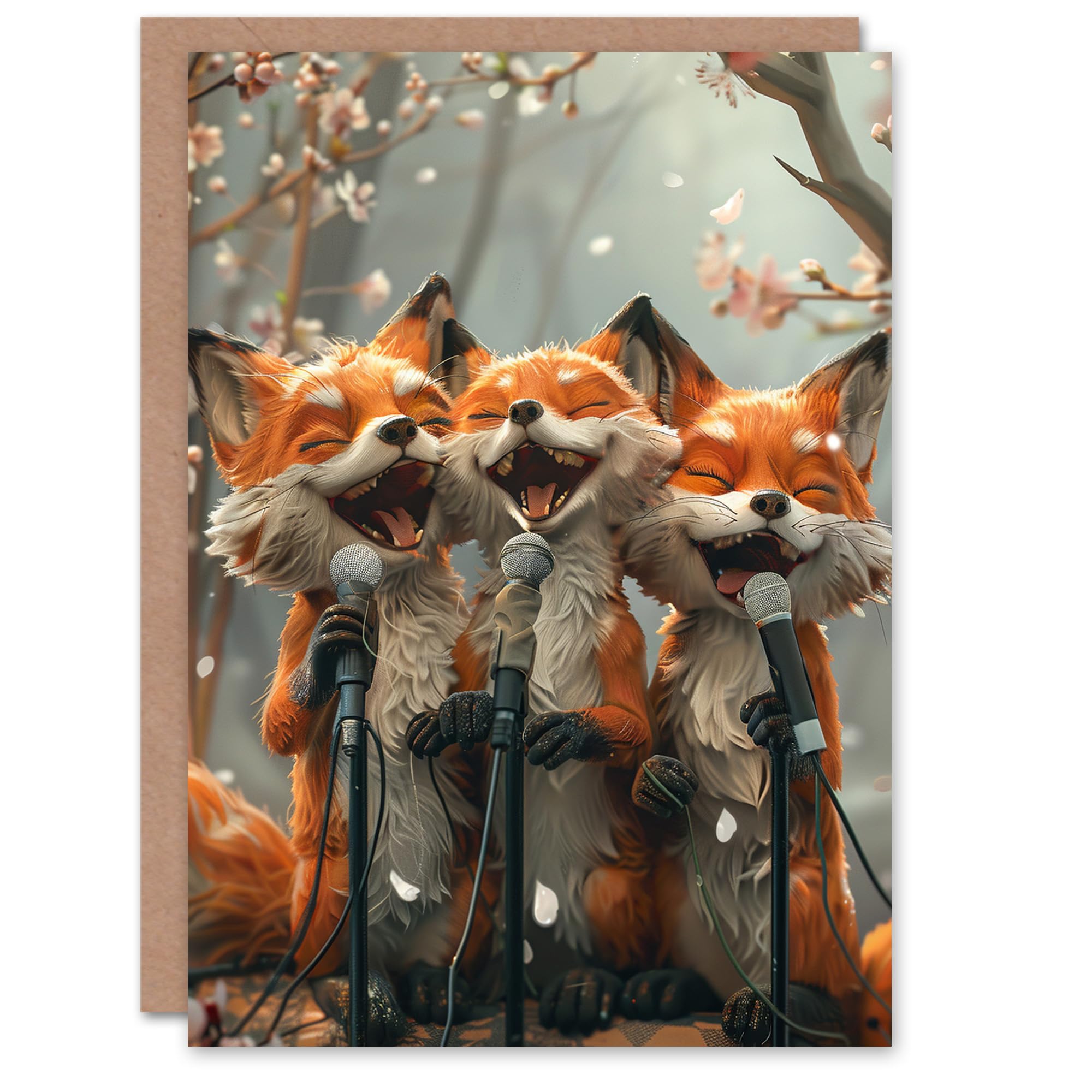 Artery8 Birthday Card Three Cute Woodland Foxes Singing Karaoke Fun Animals For Him Her Man Woman Girl Boy Wife Husband Greeting Card