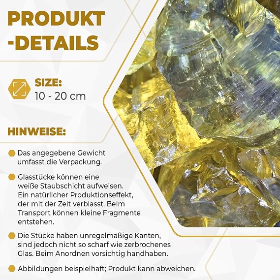Glass Stones Yellow for Garden and Aquarium 10 kg – Decorative Glass Stones for Gabions Vases & Flower Pots 10-20 cm – High-Quality Glass Chunks 100% Recycled UV-Resistant & Wett