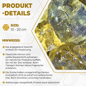 Glass Stones Yellow for Garden and Aquarium 10 kg – Decorative Glass Stones for Gabions Vases & Flower Pots 10-20 cm – High-Quality Glass Chunks 100% Recycled UV-Resistant & Wett
