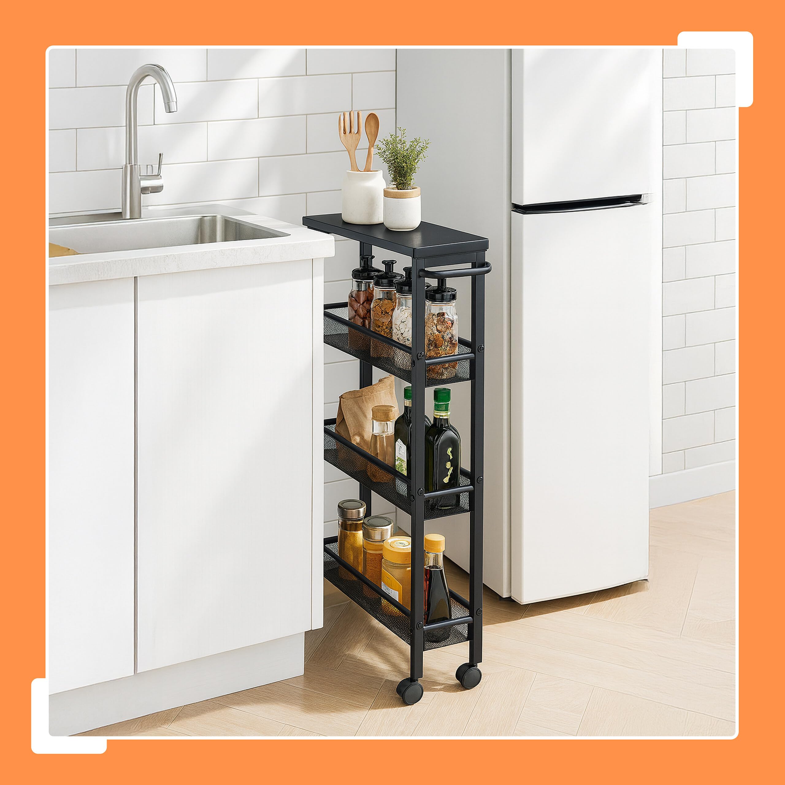 Carro para nichos Relaxdays, 77 x 13 x 45,5 cm, estantería Estrecha para baño y Cocina, 4 Niveles, con Ruedas, Negra