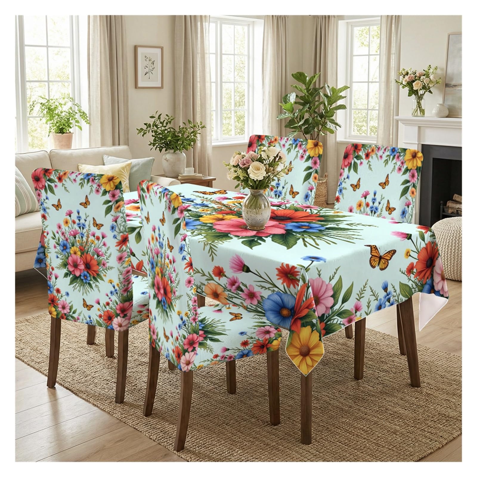 KXUAUV Boho Floral Wildflower Butterfly Print Stretch Chair Covers & Tablecloth Set, For Kitchen Dining Room Holiday Party Home Decor, 5/7 Pack Party Decor(5pcs Set: Tablecloth+Chair Covers)