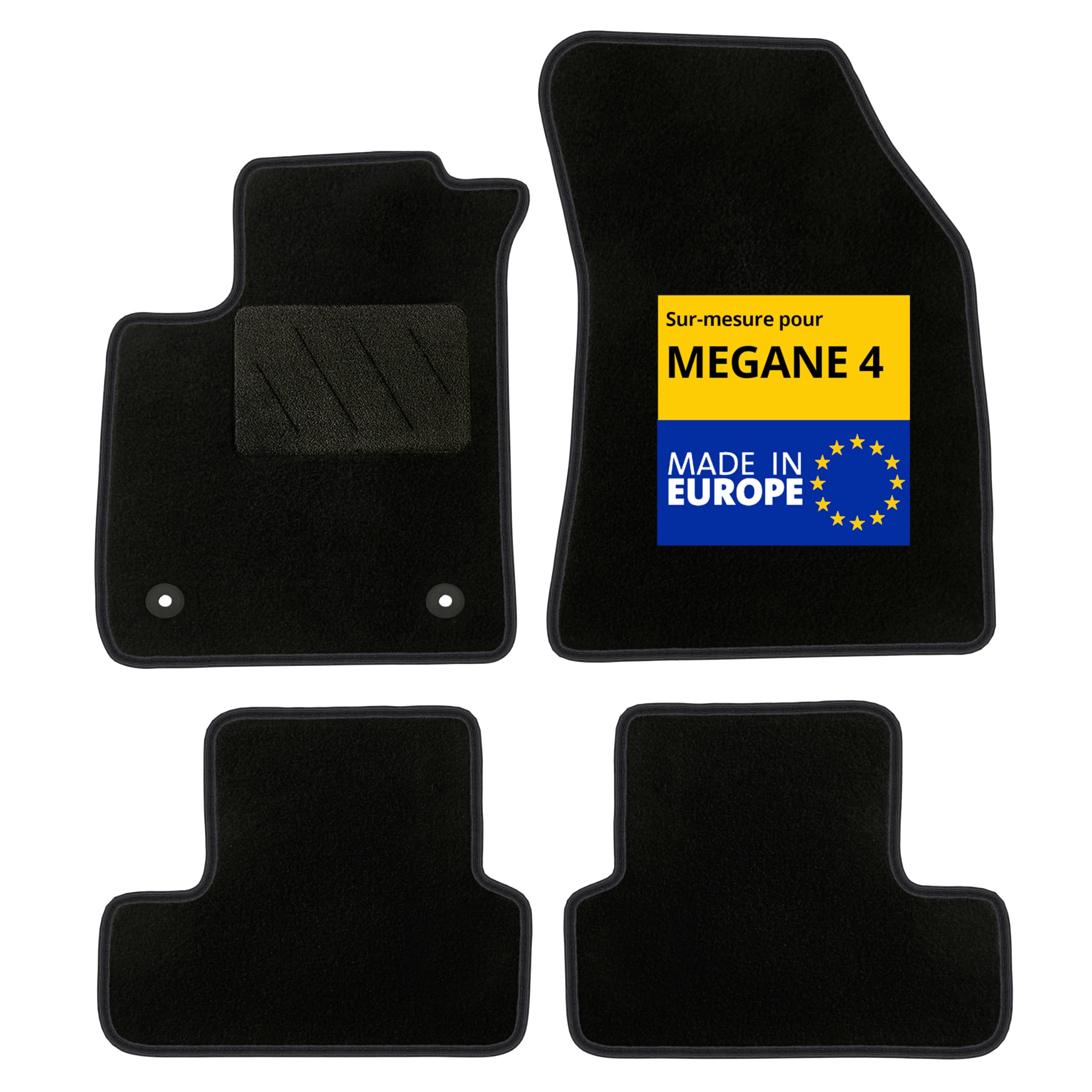 DBS – Tapis de Voiture - sur Mesure pour Renault Megane 4 dès 01/2016 – Antidérapants avec Clips de Fixation – 4 Tapis Auto Avant/arrière – Moquette Noire