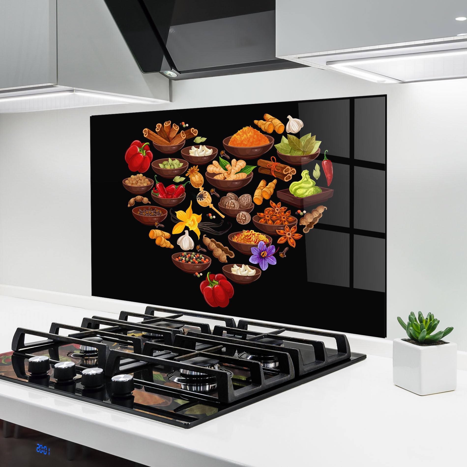 ARTHUB® Crédence de Cuisine en Verre 70x100 cm, Seasoning Heart | Protection Contre Les éclaboussures, Revêtement Mural en Carreaux, Plaque en Verre, Verre trempé, Aliments, Épices