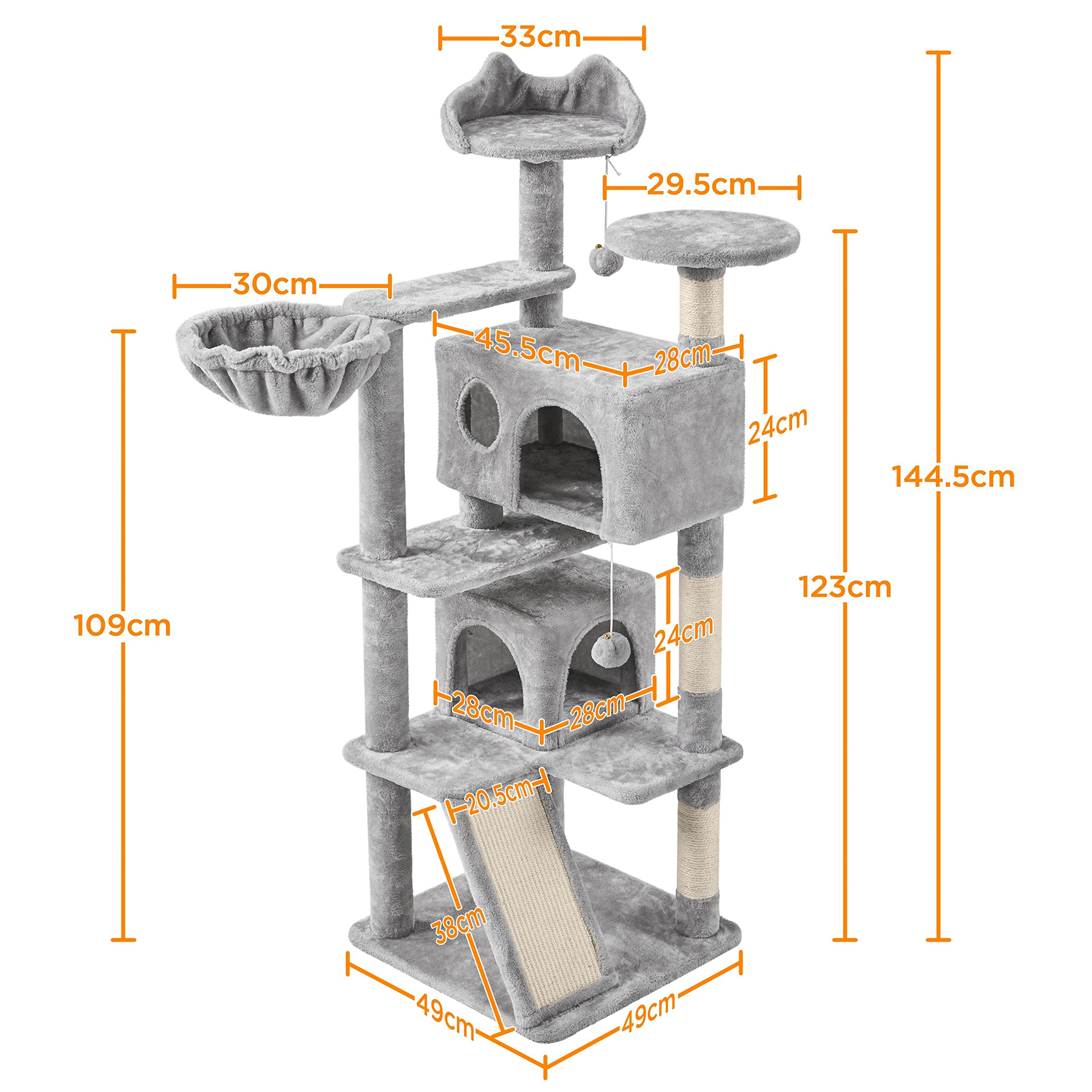 Yaheetech Arbre à Chat Multiniveau Tour pour Chat avec Cachettes Panier Perchoirs Rampe Poteaux en Sisal Boule Suspendue Tour d'escalade pour Chatons 145 cm de Haut Gris Clair