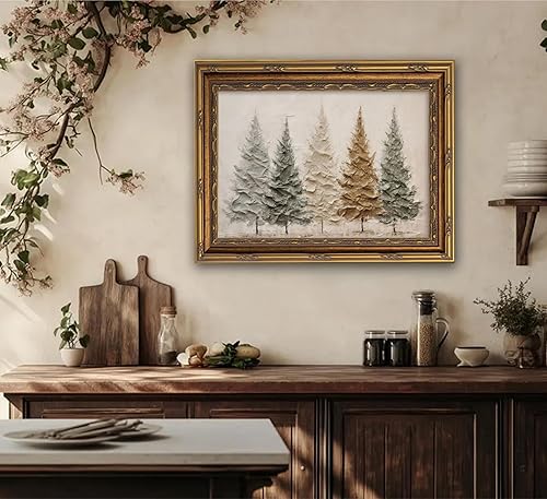 Miniatura 8 de Arte de pared de paisaje de invierno con marco dorado vintage, pintura al óleo de árbol de pino de Navidad, impresiones en lienzo de paisaje de
