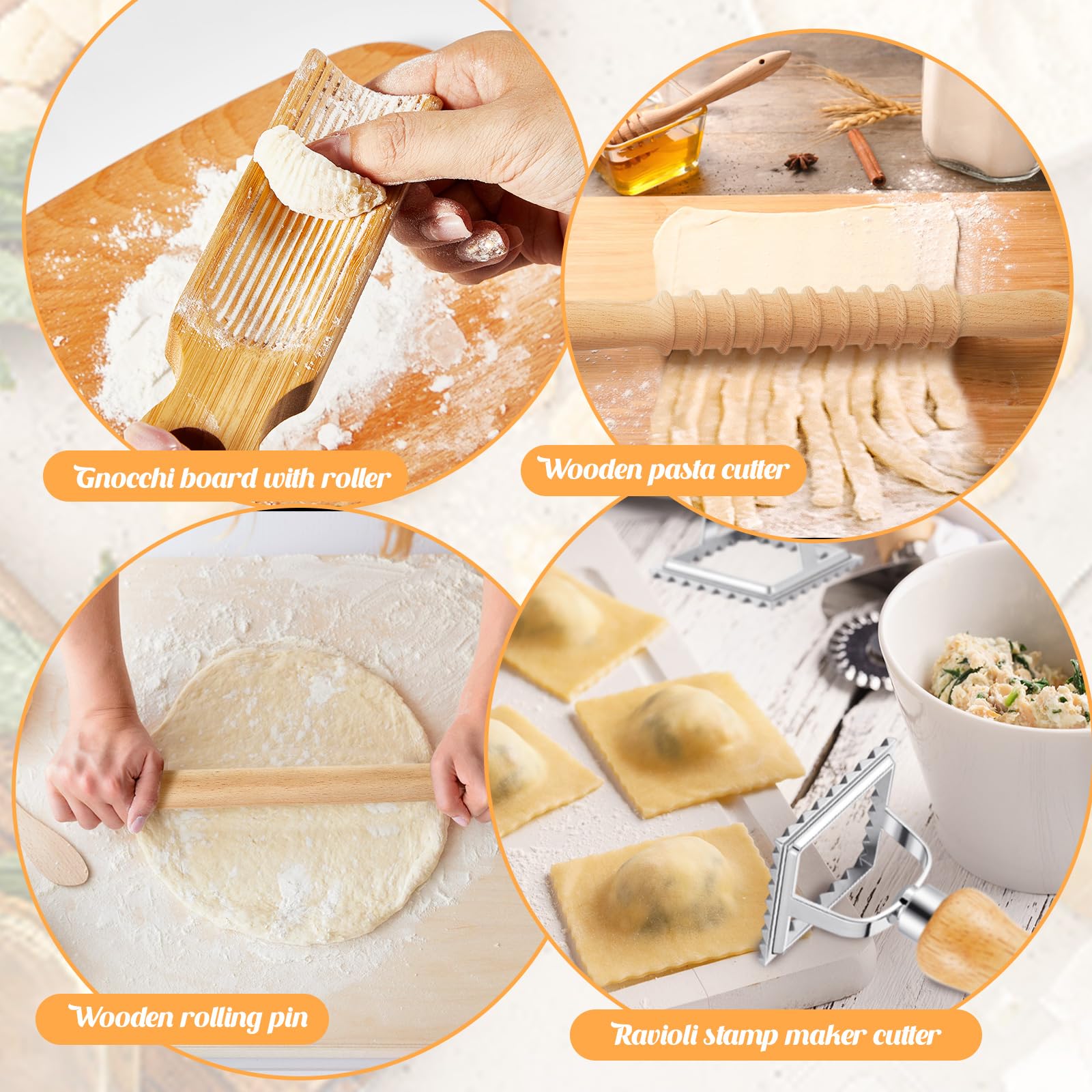 Tioncy Juego de 7 herramientas para hacer pasta, tablero de ñoquis de madera con sello de raviolis, máquina de raviolis y rodillo para hacer ñocos caseros, regalo de cocina para los amantes de la