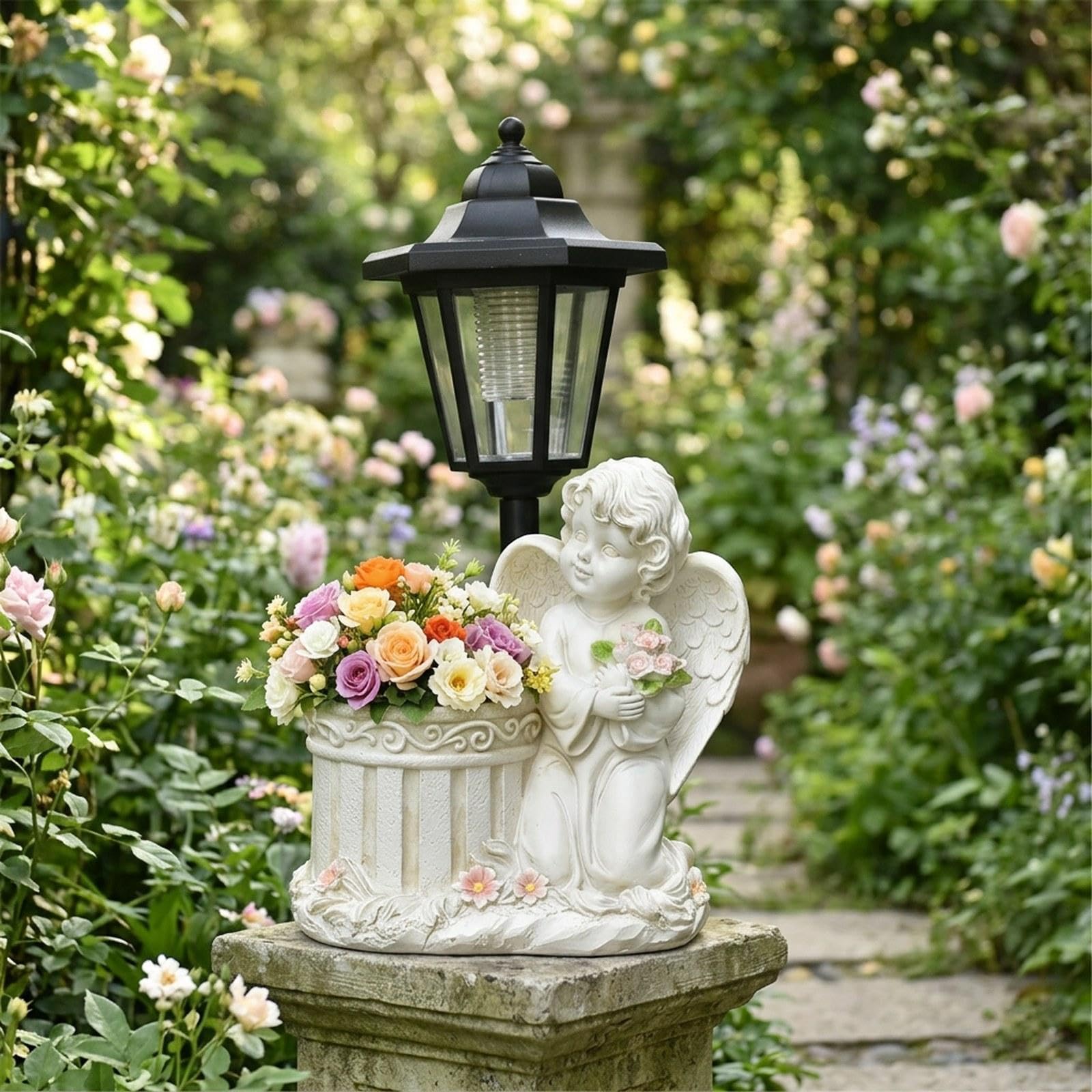Statua Solare in Resina, Scultura Decorativa da Giardino, Ornamento per Vaso di Fiori, Adatta per Terrazza, Patio E, Bianco