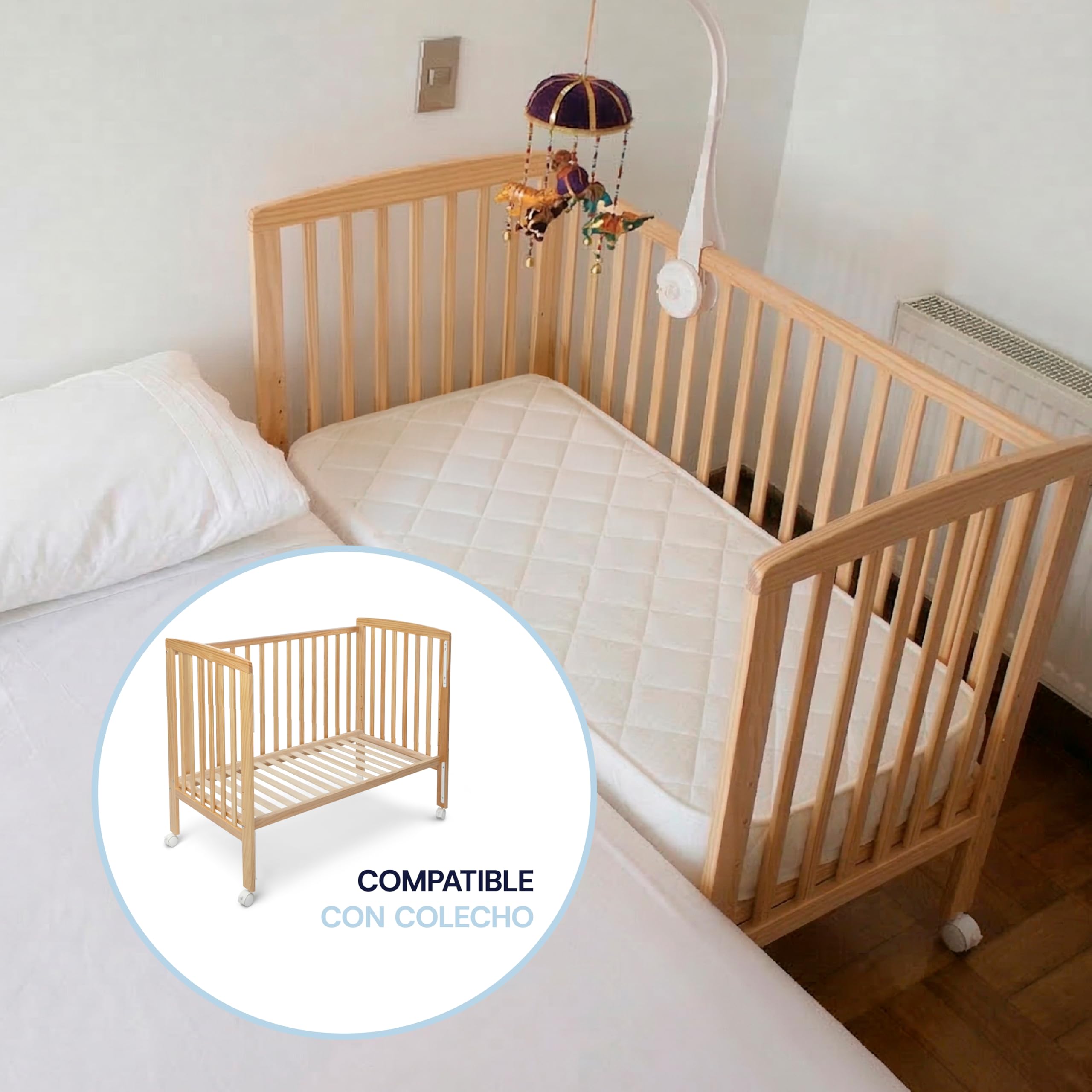 TORAL Cuna Bebe Madera Natural - Cuna Colecho Bebe Modelo Verona - Varias Posiciones Lateral Deslizante y 5 Posiciones Somier - con Ruedas de Seguridad con Freno y Mordedor para Barandilla.