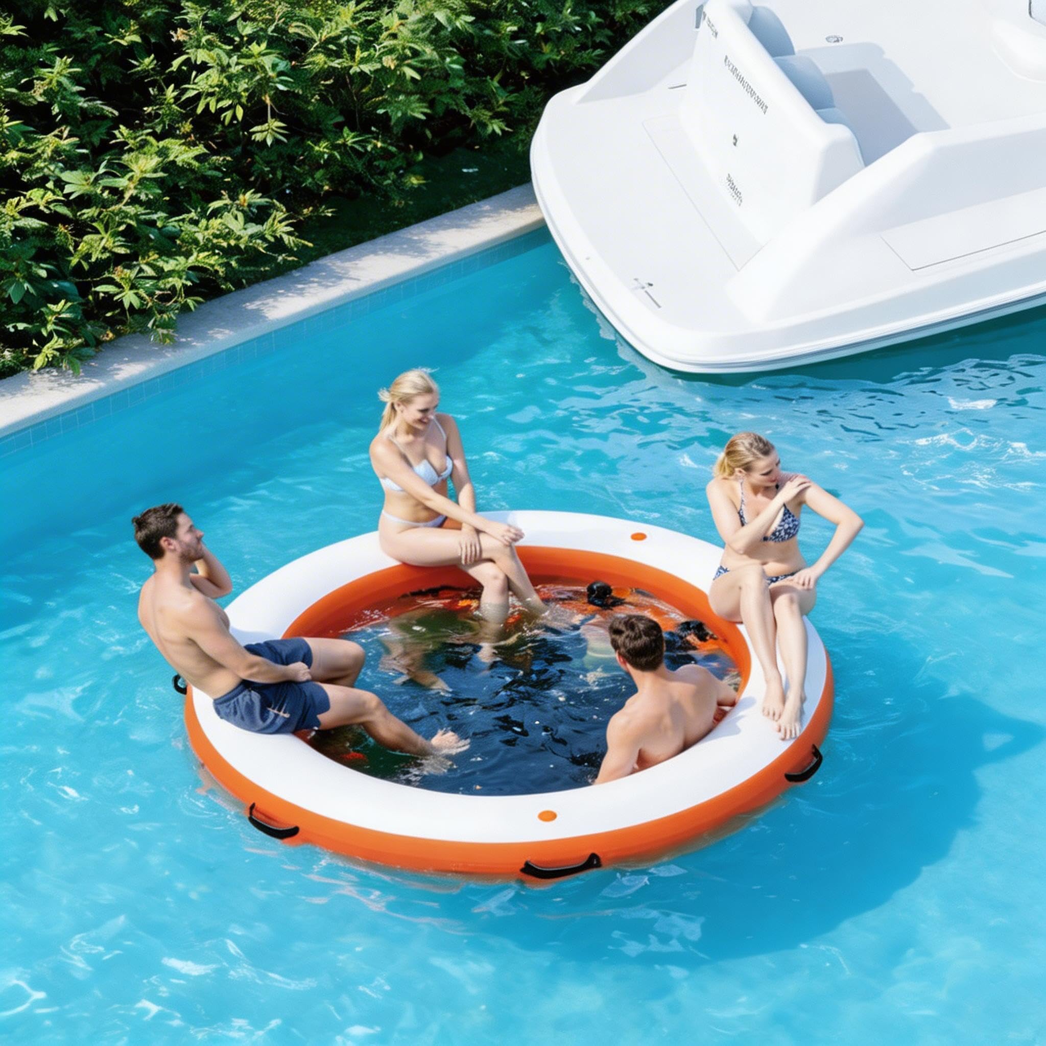 8FT Aufblasbarer Rund-Schwimmsteg Mit 6FT Hängematte, Schwerlast PVC, rutschfeste Oberfläche, 4-7 Erwachsene, Perfekt Für Familien & Wasserpartys, Weiß Orange