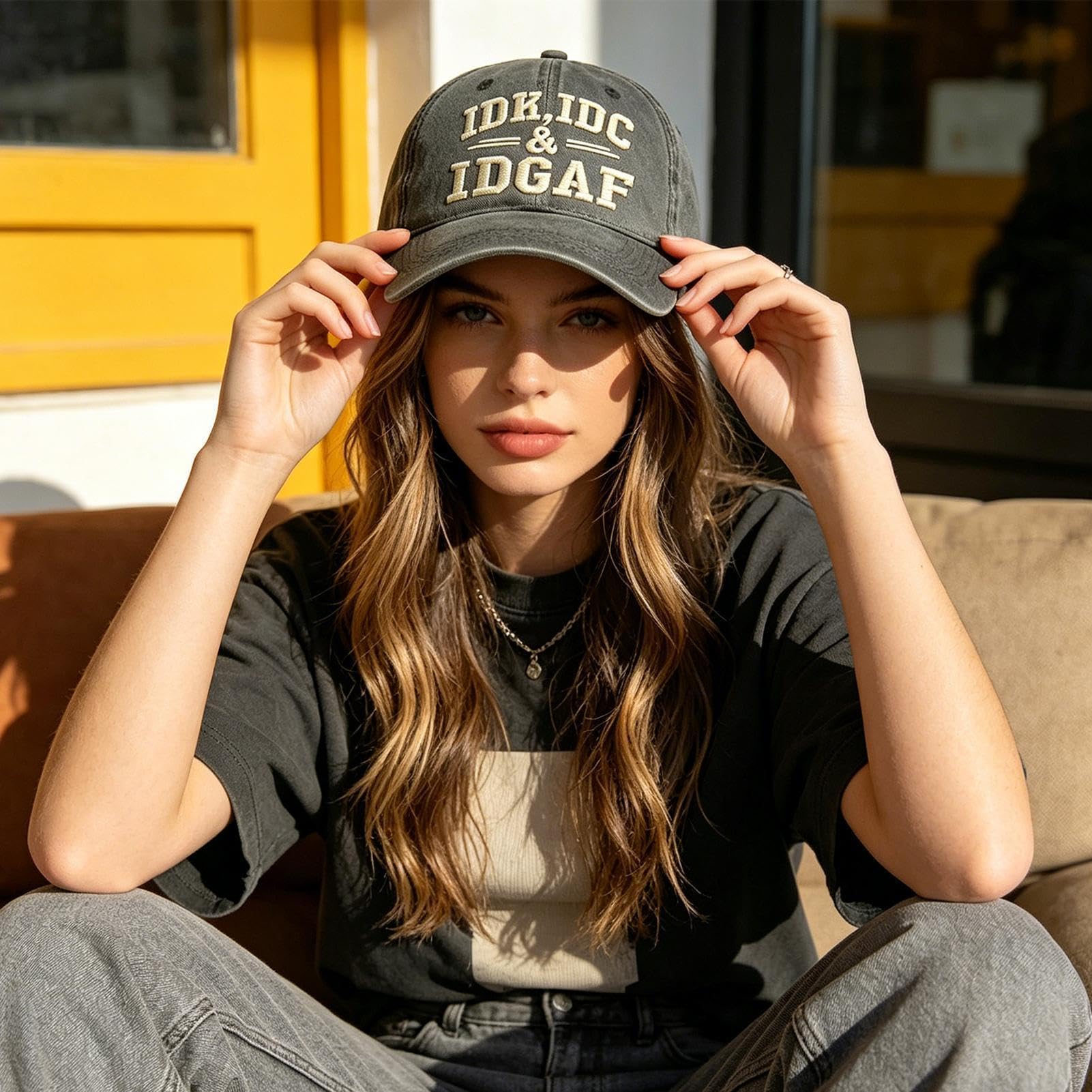 IDK IDC & IDGAF Embroidery Cap | Cotton Embroidered Adjustable Baseball Hat | Breathable Soft Dad Hat | for Adults Men Women Travel Camping Running Golf Hiking Fishing Sports Party