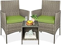 Vista 29 de Best Choice Products Juego de 3 piezas de mimbre para conversación al aire libre, muebles de patio que ahorran espacio para jardín con mesa