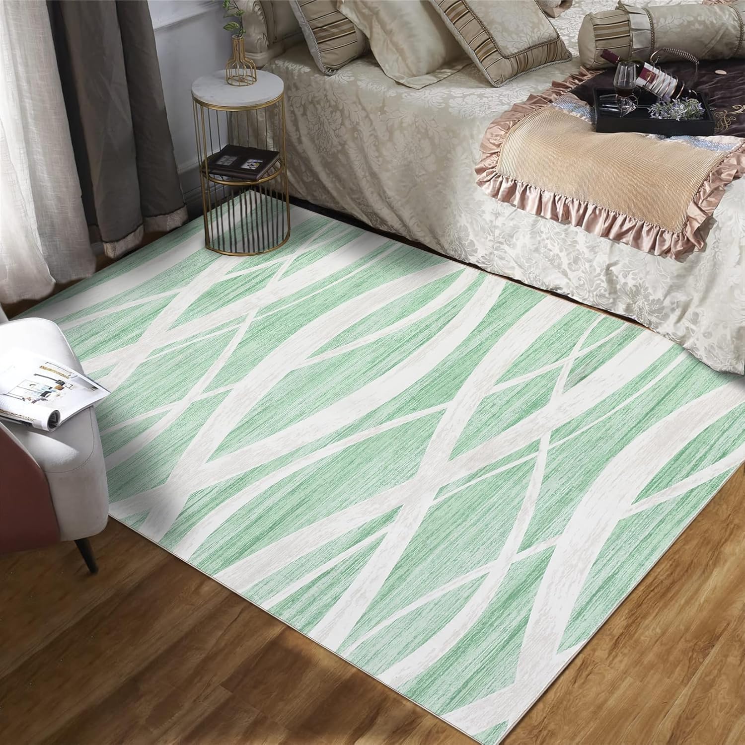 GarveeHome Runner Rug - 2x6 Washable Modern Abstract Entryway Runners, Soft Non-Slip Hallway Runners, Wave Print, Low Pile, Non-Shedding, Foldable Mat for Bedroom, Bedside, Kitchen, Laundry, Green