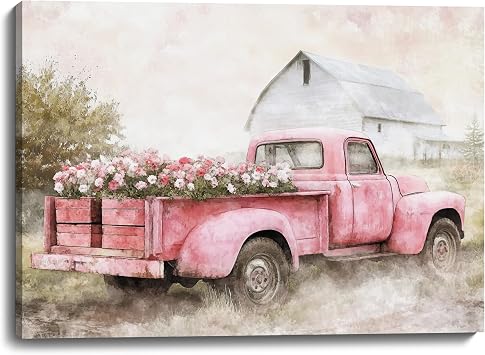 Vintage Pink Farm Truck Wall Art Print 16x24 Inch Rustic Country-Inspired Canvas with Floral Pickup and Barn for Living Room, Dining Room, Bedroom, Hallway, Home Office or Cottage Interiors, Ready to Hang