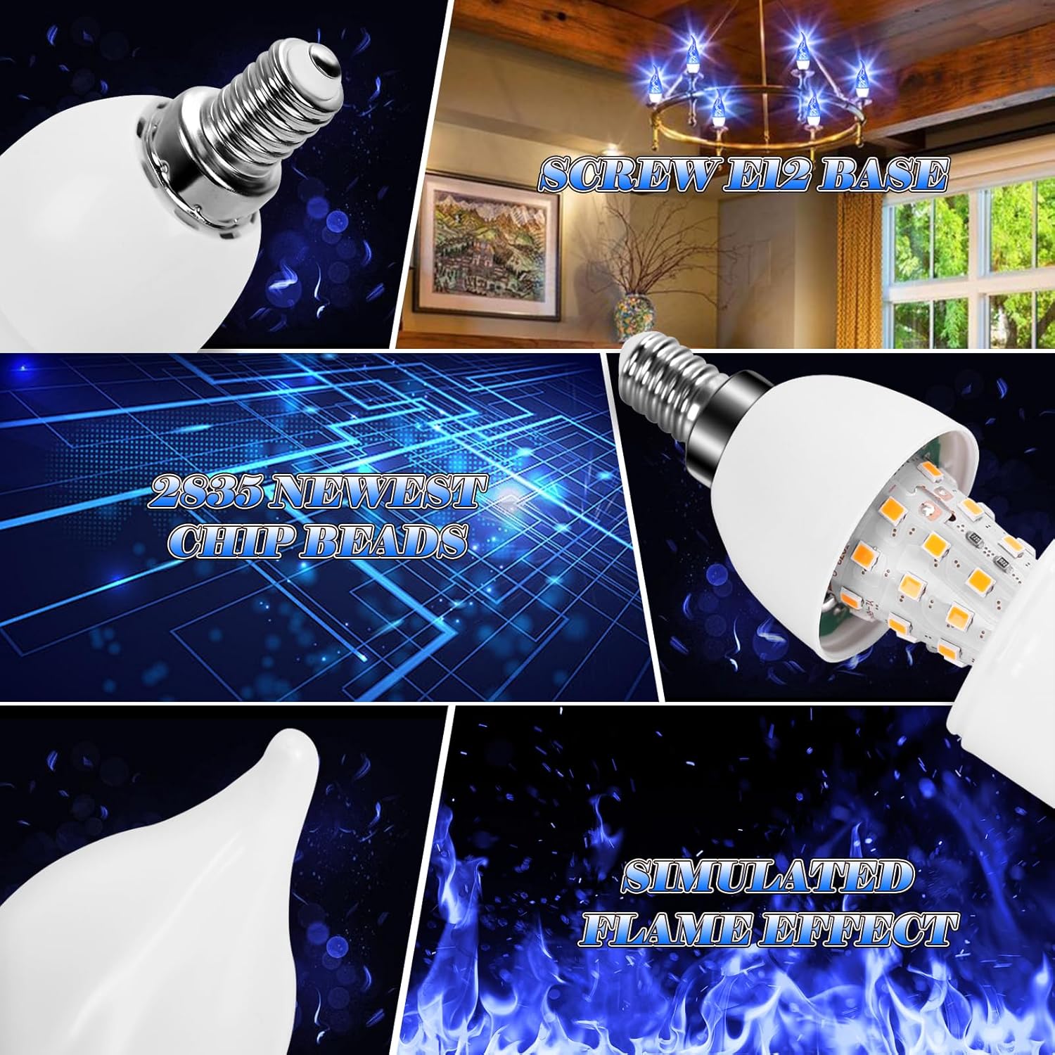 E12 LED Flickering Candelabra Flame Effect Light Bulbs - 3 Modes Flicker Chandelier Candle Fire Lantern Effect Type B Base Small Lights Bulbs for Outdoor Halloween Holiday Decorations (Blue 6 Pack)