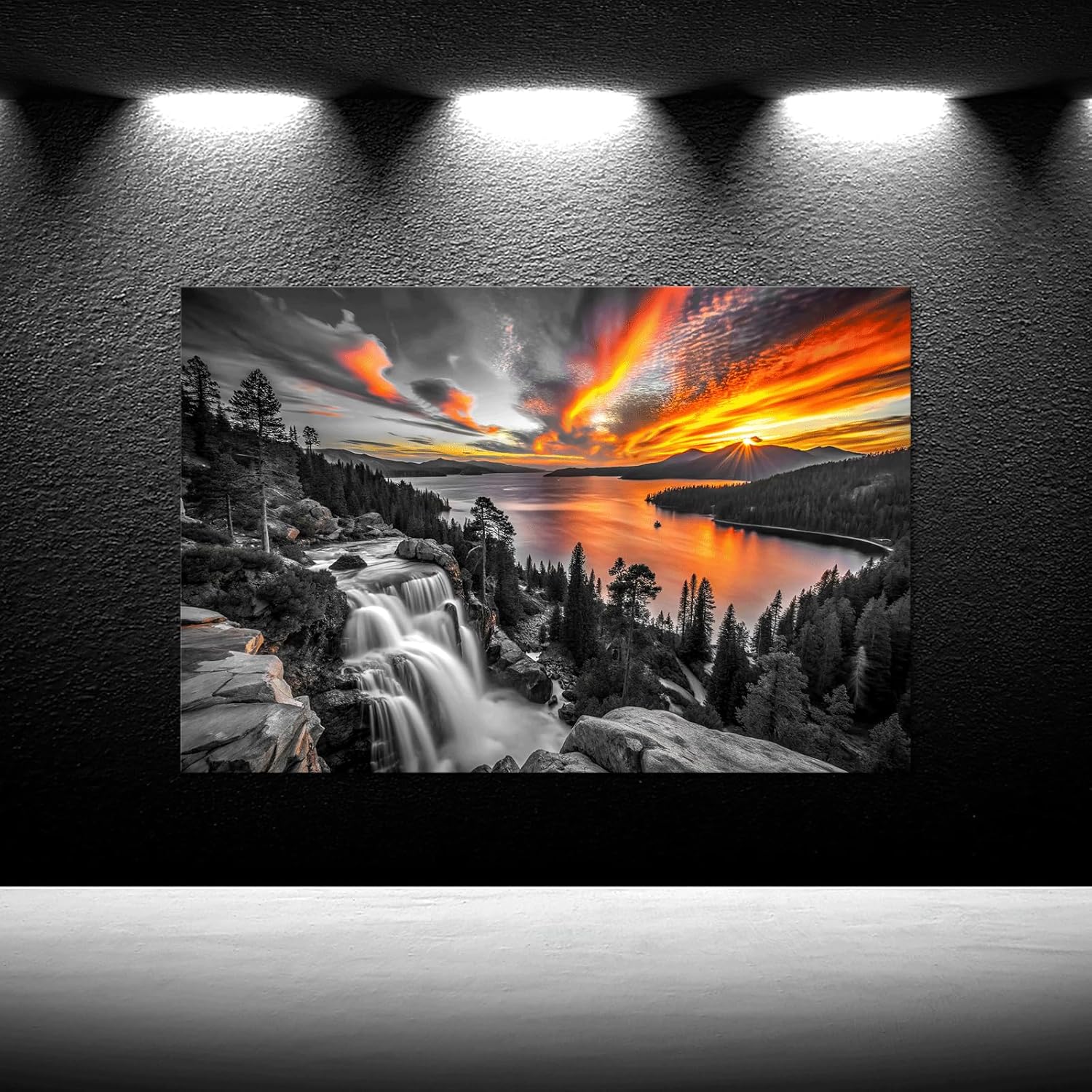 iKNOW FOTO Lake Tahoe Wall Art 24x36 Inch Black and White Landscape with Color Sunset Over Lower Eagle Falls and Emerald Bay Photography Canvas Print for Living Room Office Bedroom Decor Ready to Hang - Image 2