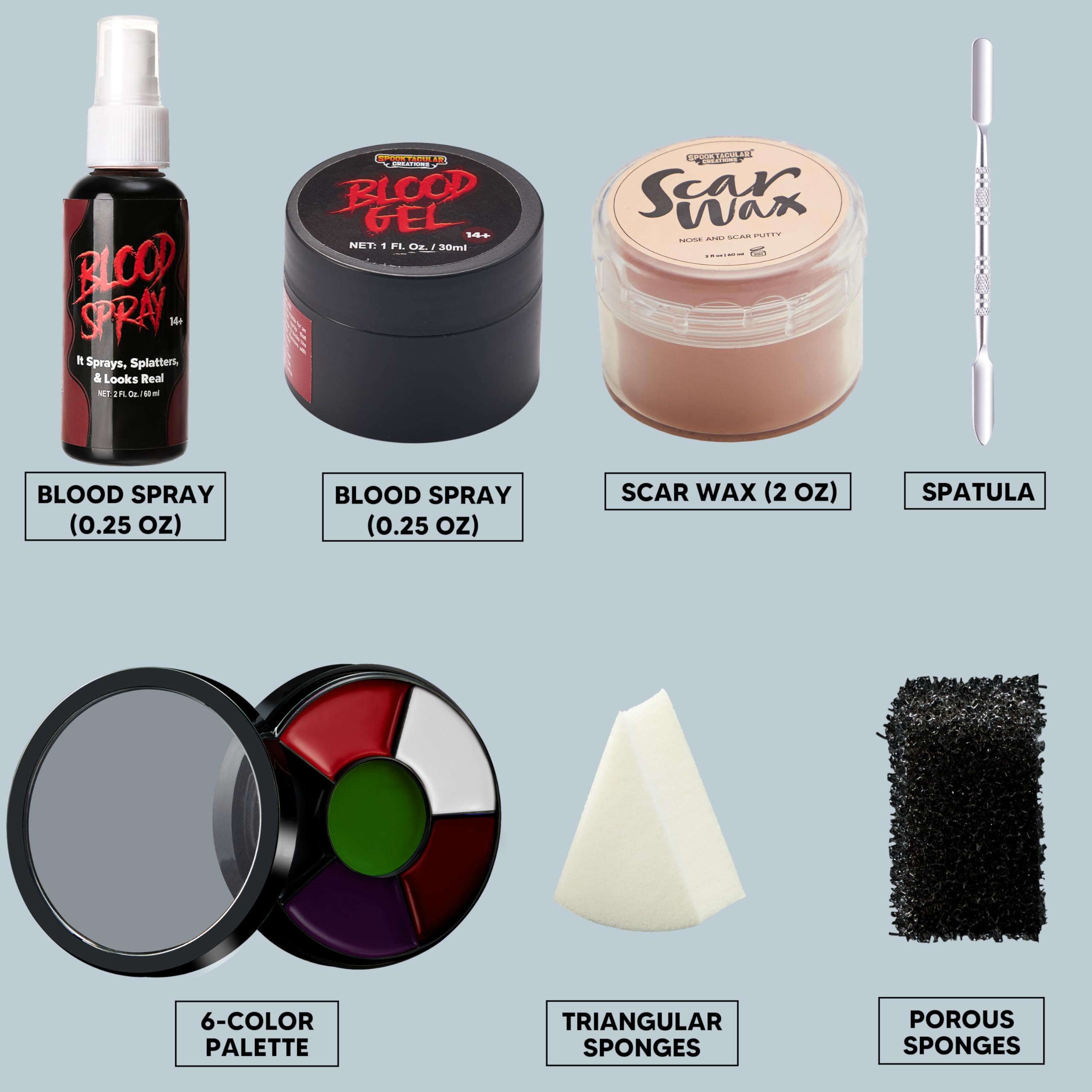 Juego de 6 piezas de maquillaje de Halloween, paleta de maquillaje de 6 colores, cera de cicatrices con herramienta de espátula, spray de sangre, esponjas de punteado, disfraz 2