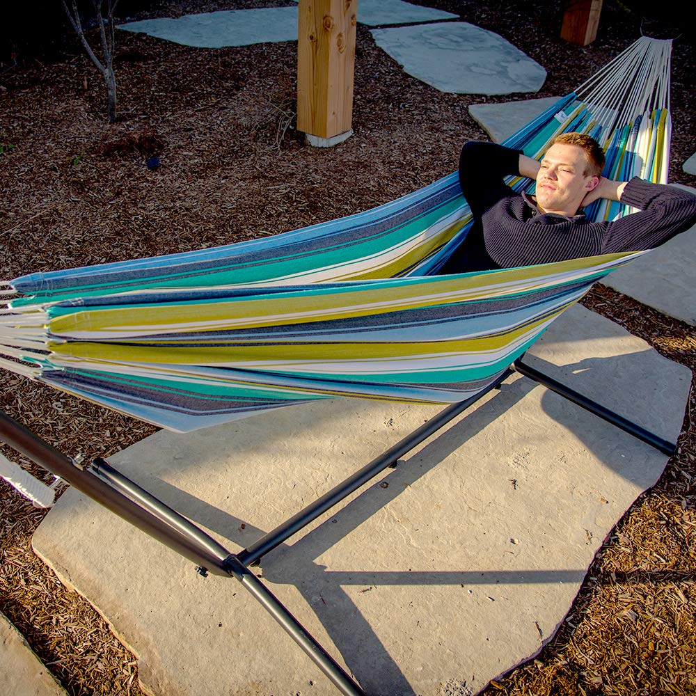 Vivere Double Cotton Hammock with Space Saving Steel Stand, Cayo Reef (450 lb Capacity - Premium Carry Bag Included)