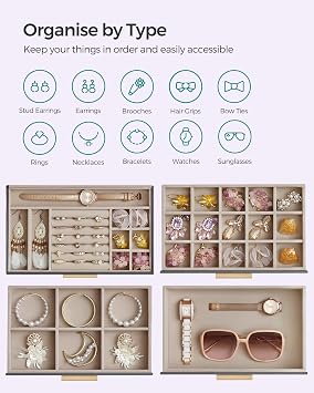 SONGMICS GISELLA Collection - Jewellery Box with Glass Lid, 4-Layer Jewellery Storage Organiser with 3 Drawers, Modern, Gift Idea, Slate Grey and Gold Colour, 15.3 x 25.1 x 21.5 cm JBC161C01