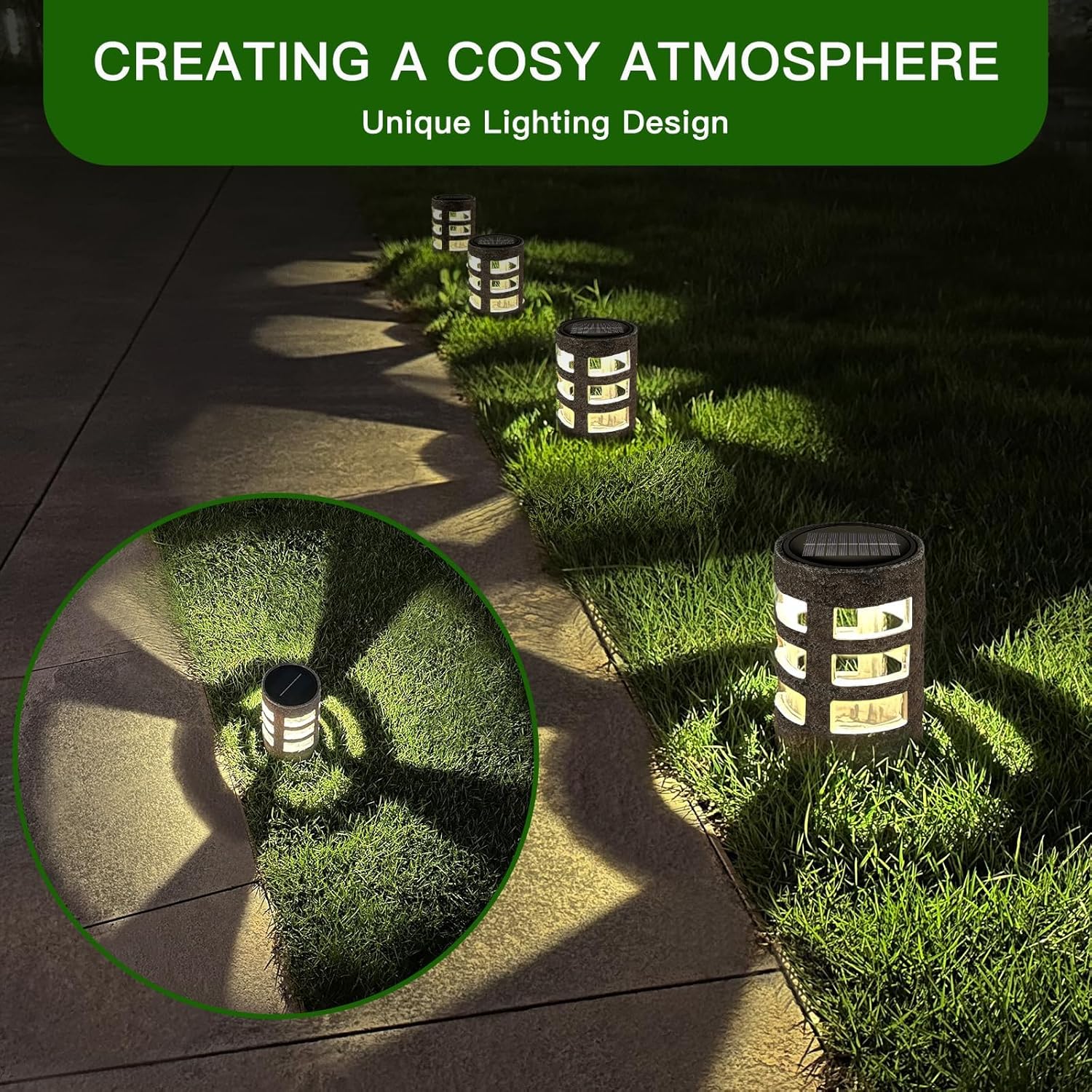 Solar Path Lights Outdoor 4 Pack, Decorative Pattern Lighting, Auto On/Off Dusk to Dawn, Waterproof Solar Powered Landscape Lights, Modern Resin Garden Lights for Yard Patio Walkway (Gray)