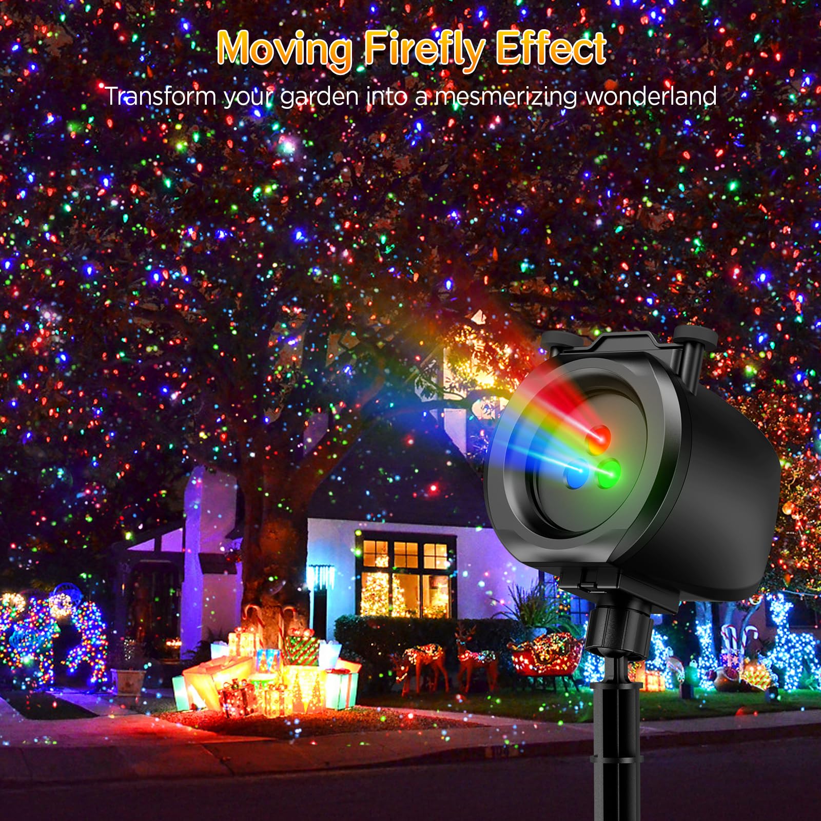 Weihnachtsbeleuchtung Projektor Aussen, 2 in 1 Urlaub Licht Projektor mit 4 Folien & 8 helleren HD Mustern, Bewegliche RGB Glühwürmchen Effekte Licht für Weihnachtsdekorationen, Halloween, Hof