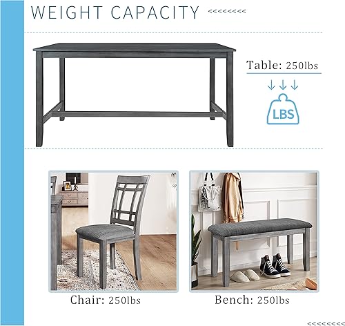 Miniatura 7 de Juego de mesa de comedor de madera de 6 piezas, juego de mesa de cocina con rectangular, juego de mesa de comedor con banco tapizado y 4 sillas