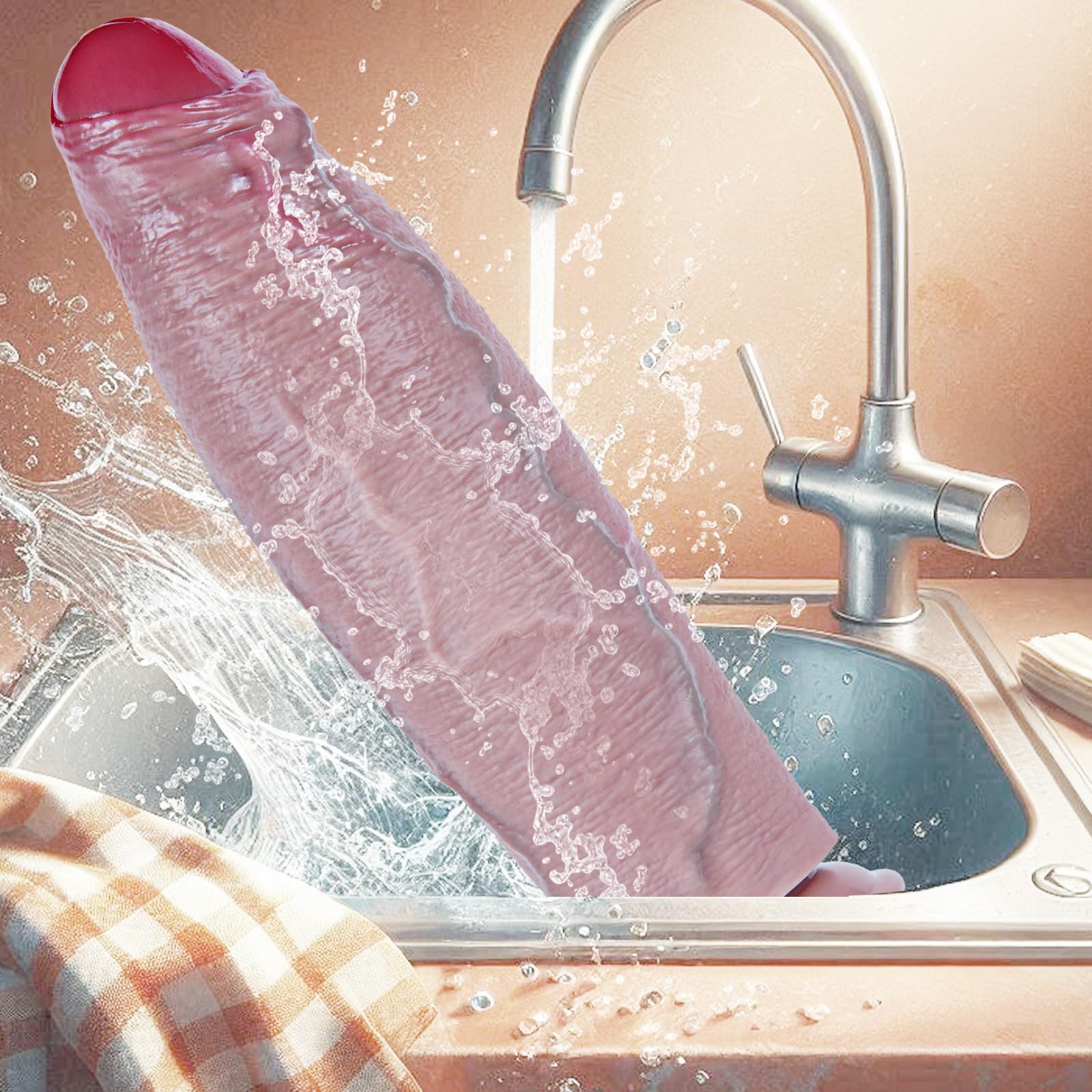 Dildo realista XXL de 33 cm con prepucio, 8 cm de diámetro, en silicona de doble densidad con ventosa fuerte. Modelo no circuncidado de tamaño XXXL, pensado para usuarios con experiencia y uso anal