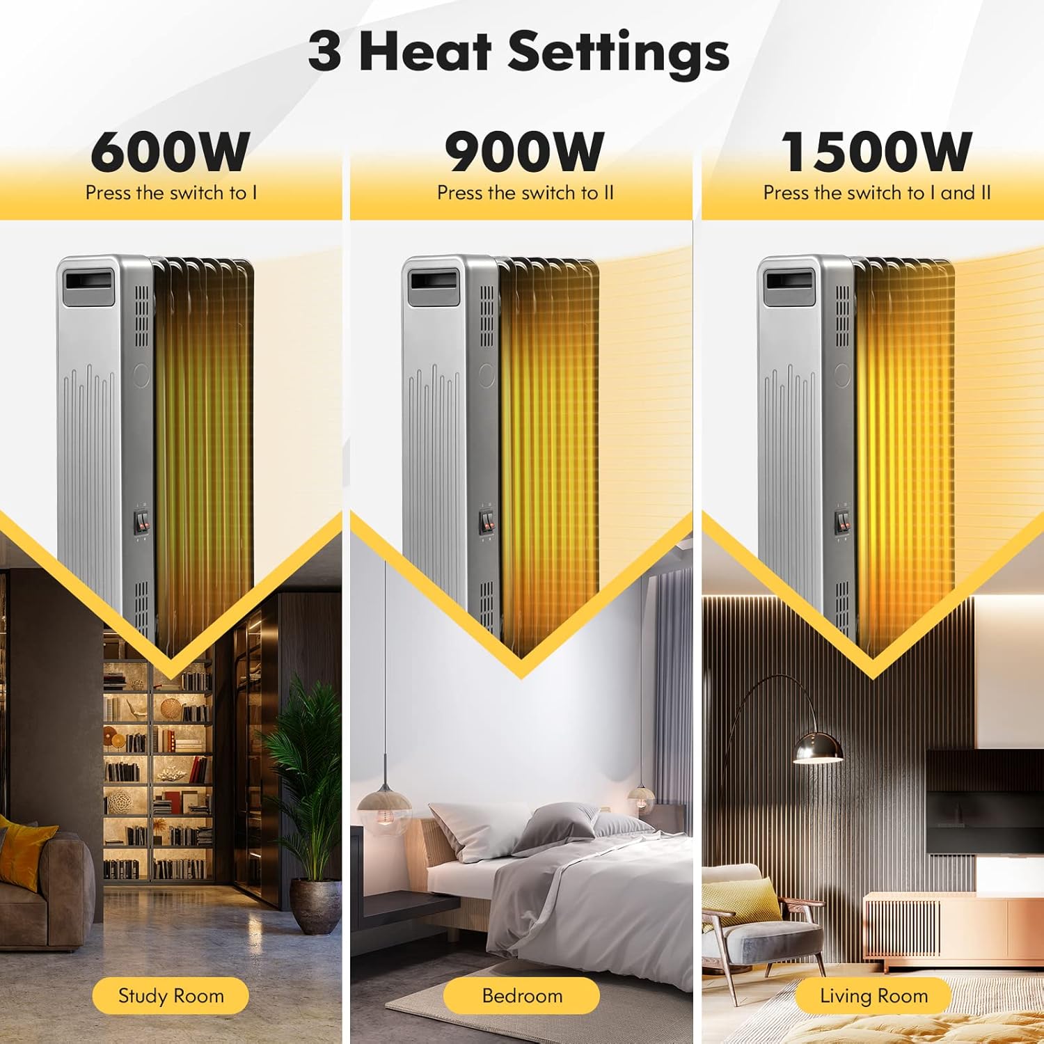 Tangkula 1500W Oil Filled Radiator Heater, Electric Space Heater with 3 Heat Settings, Tip-Over & Overheat Protection, Portable Oil Heater for Indoor Use, Home, Office (Black)